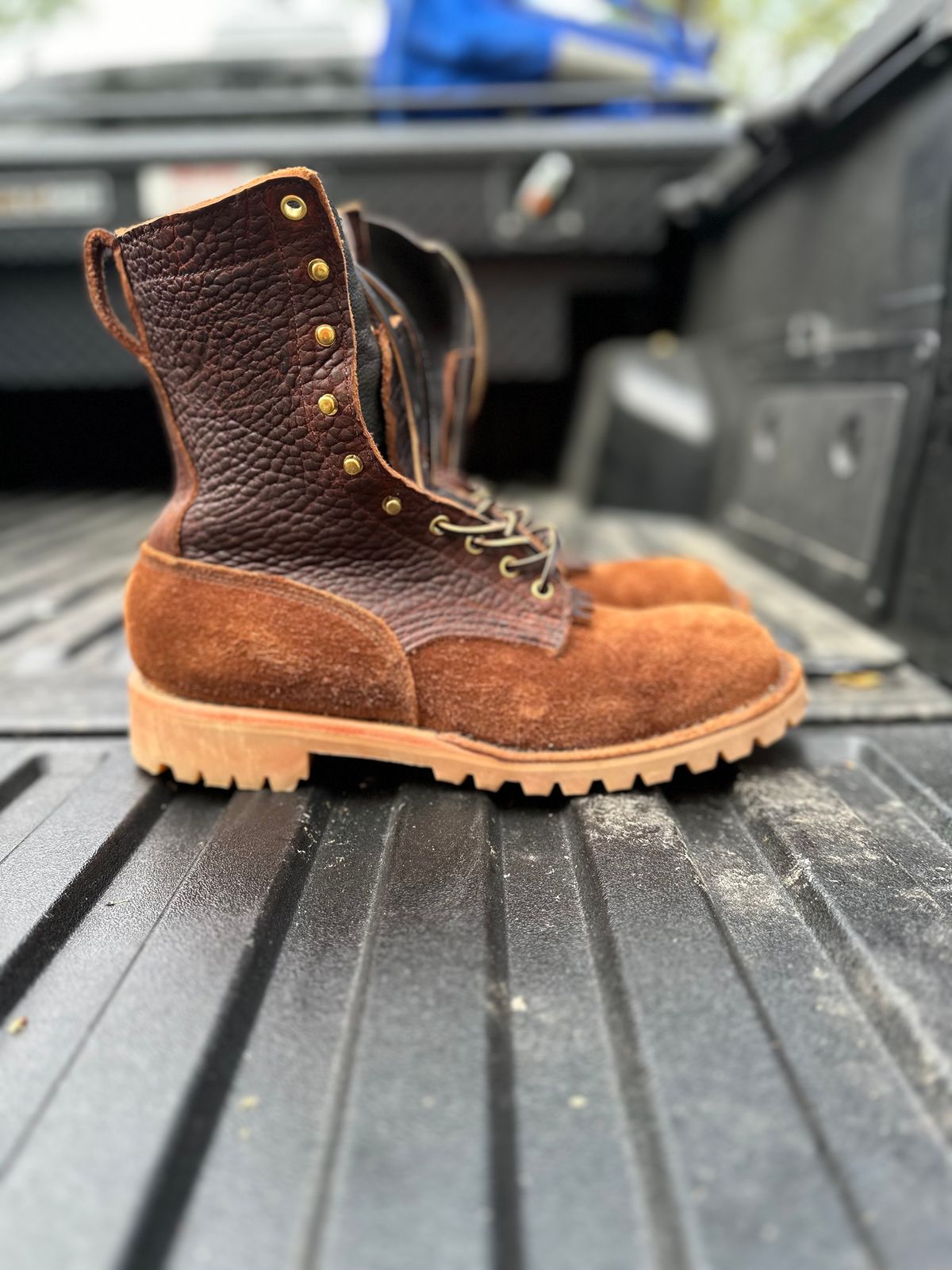 Photo by reformedforester on April 6, 2024 of the JK Boots O.T. in Bison Roughout & Bison Smooth.