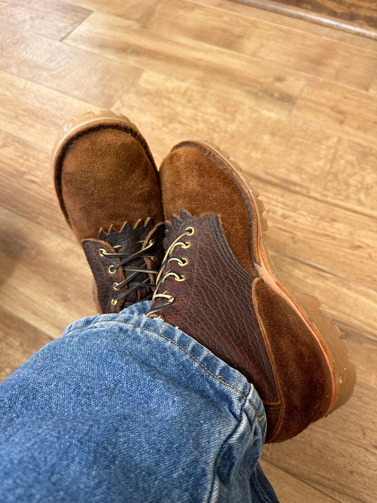 Photo by reformedforester on April 11, 2024 of the JK Boots O.T. in Bison Roughout & Bison Smooth.