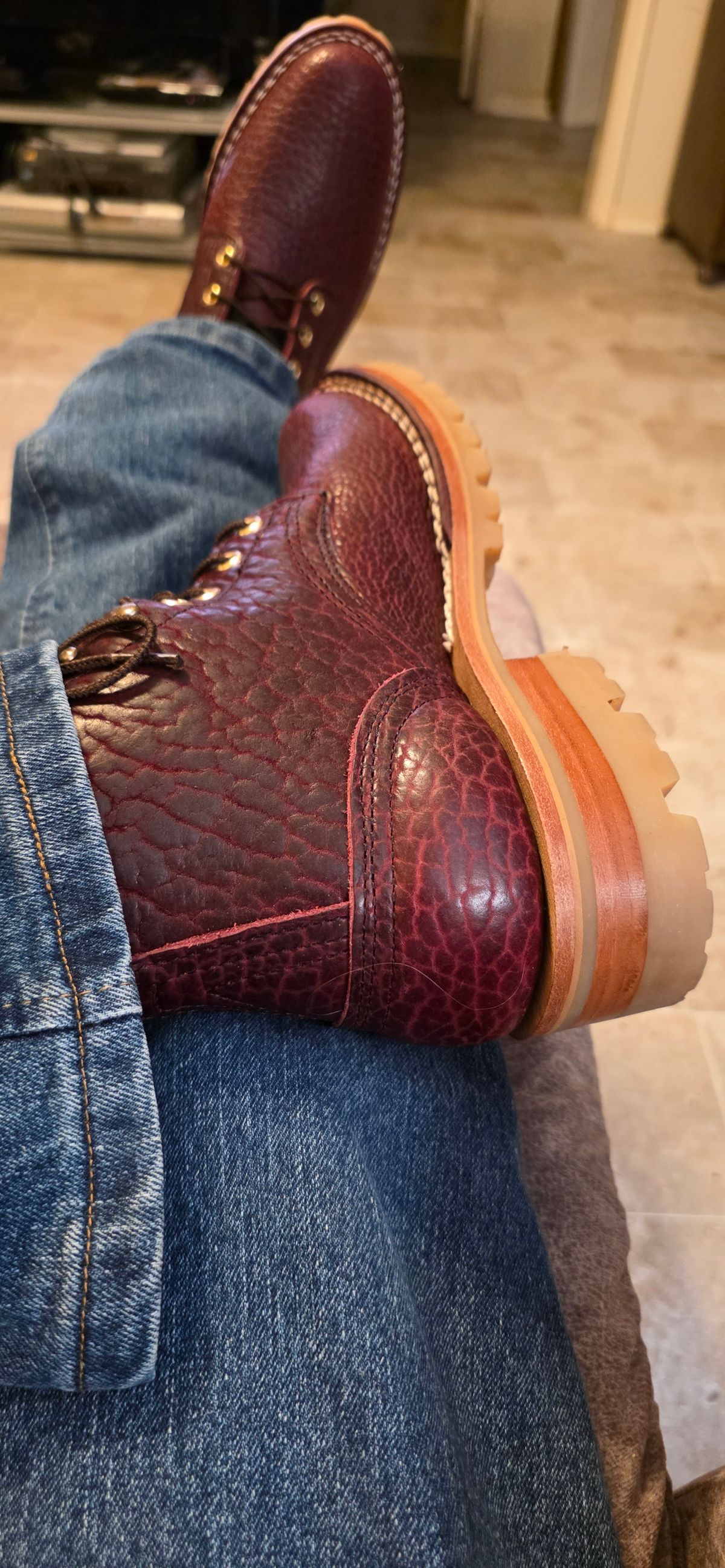 Photo by mknewman on November 4, 2025 of the Nicks 1925 Last Dress Boot in Law Tanning Oxblood Smooth Shruken Bison.