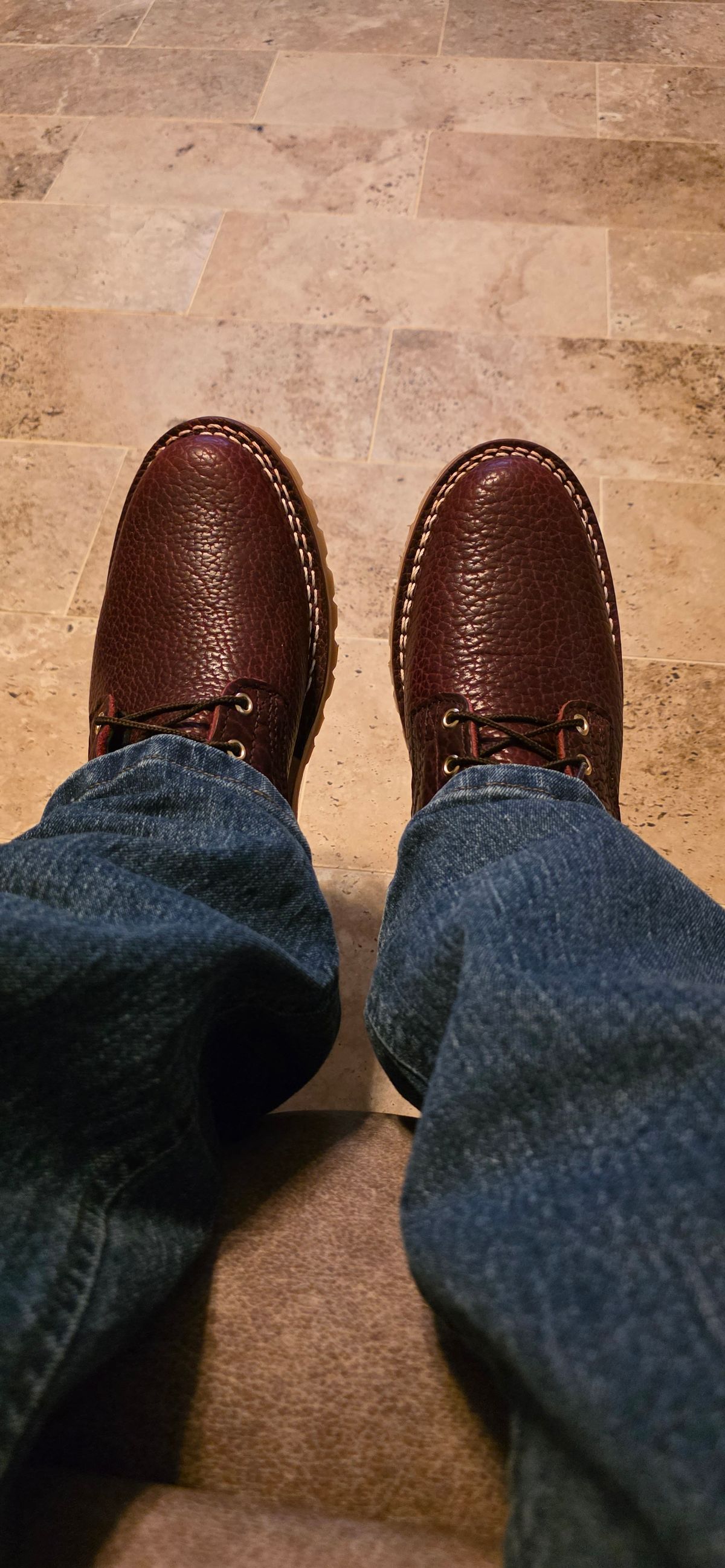 Photo by mknewman on November 6, 2025 of the Nicks 1925 Last Dress Boot in Law Tanning Oxblood Smooth Shruken Bison.