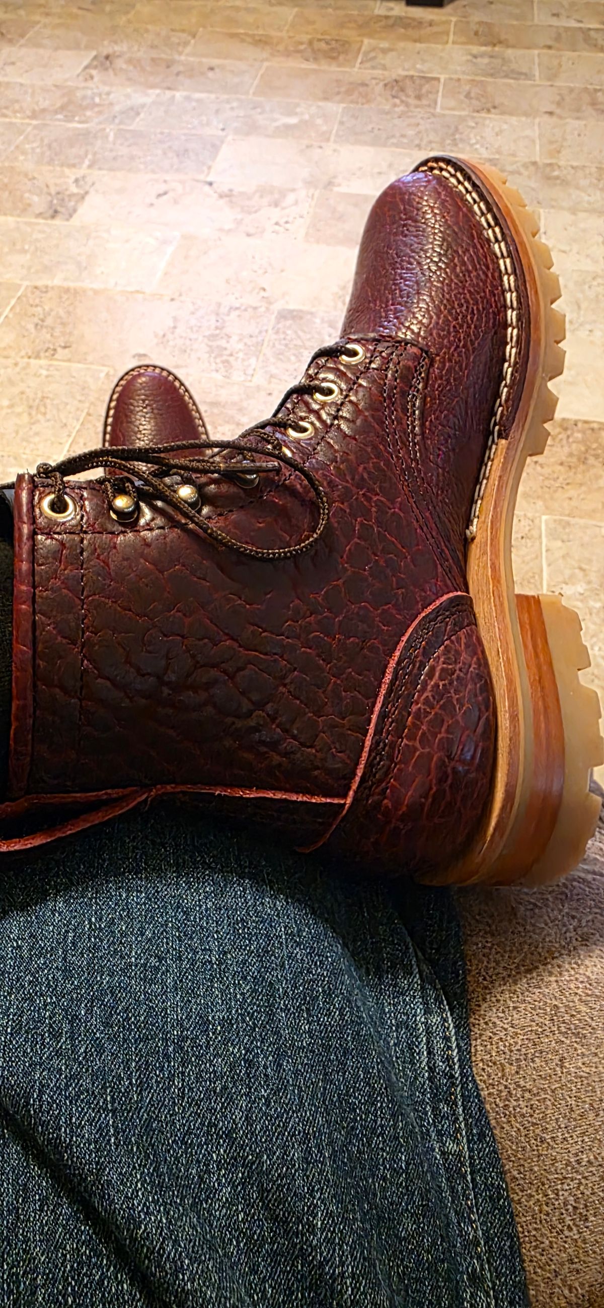 Photo by mknewman on November 6, 2025 of the Nicks 1925 Last Dress Boot in Law Tanning Oxblood Smooth Shruken Bison.