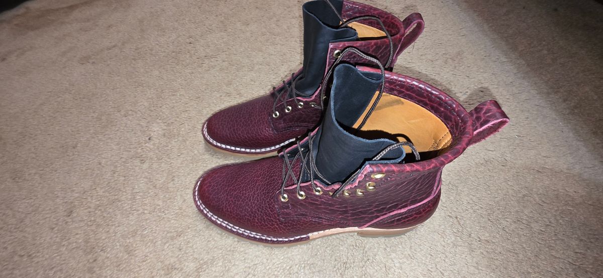 Photo by mknewman on November 8, 2025 of the Nicks 1925 Last Dress Boot in Law Tanning Oxblood Smooth Shruken Bison.