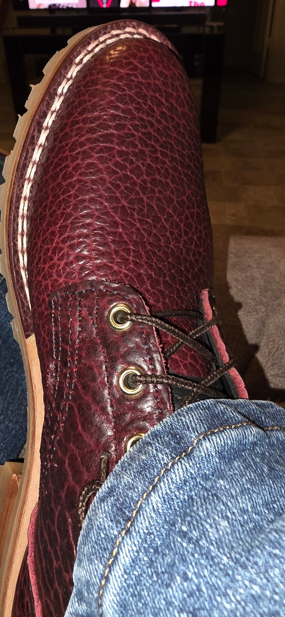 Photo by mknewman on November 13, 2025 of the Nicks 1925 Last Dress Boot in Law Tanning Oxblood Smooth Shruken Bison.