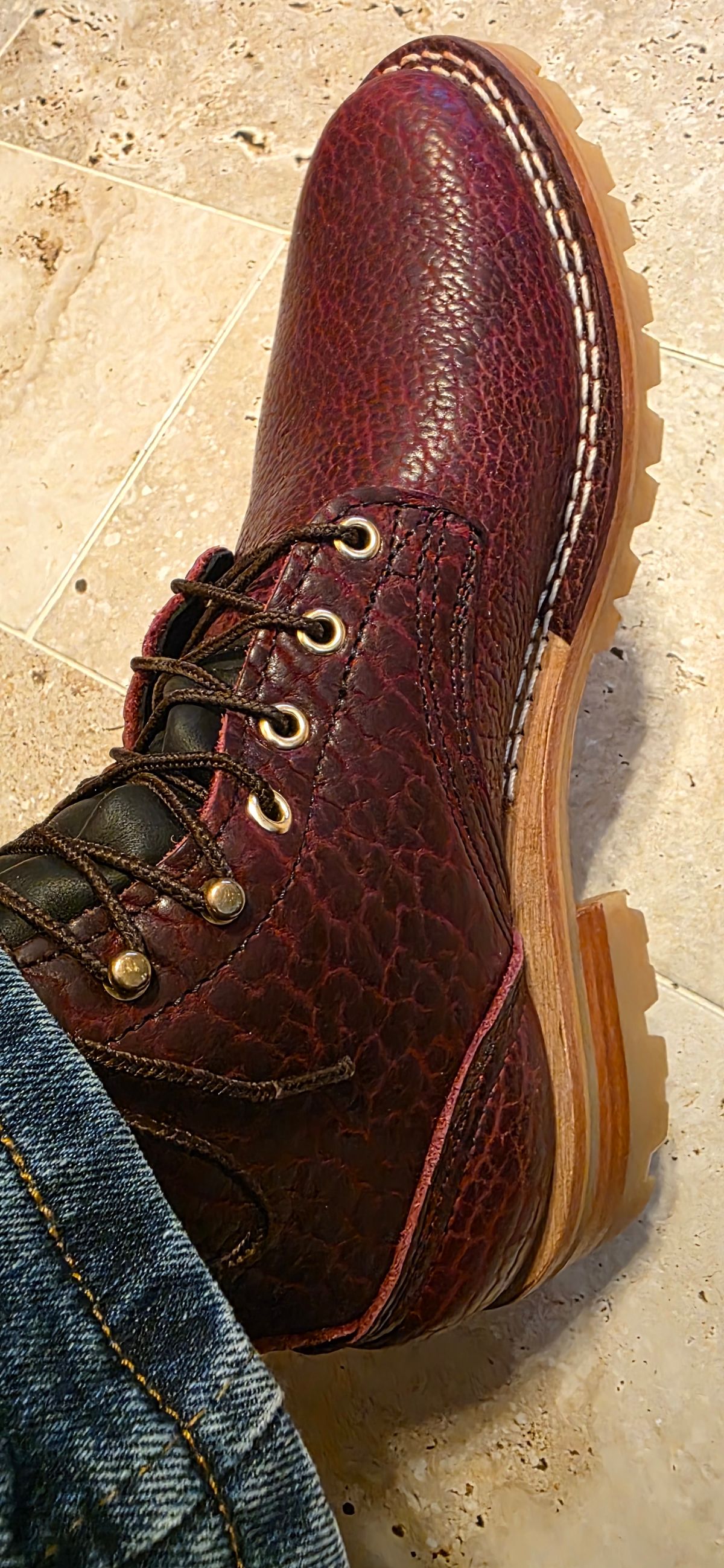 Photo by mknewman on November 14, 2025 of the Nicks 1925 Last Dress Boot in Law Tanning Oxblood Smooth Shruken Bison.