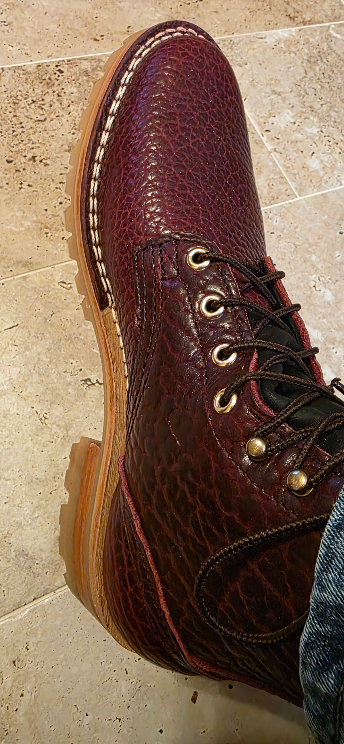 Photo by mknewman on November 14, 2025 of the Nicks 1925 Last Dress Boot in Law Tanning Oxblood Smooth Shruken Bison.