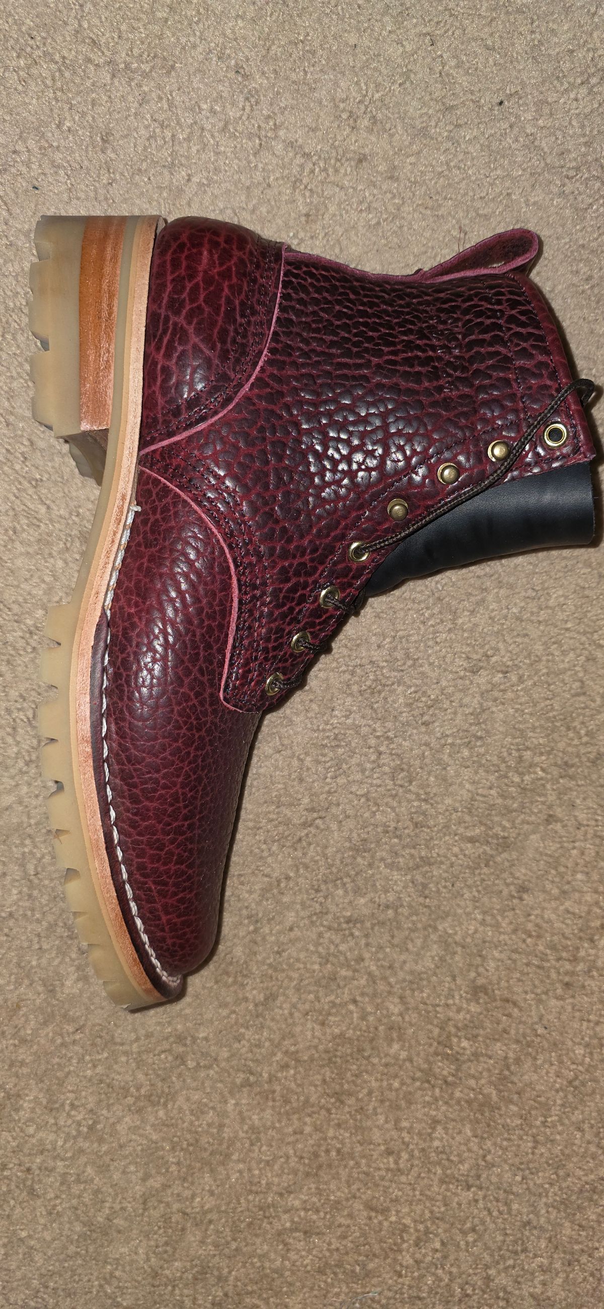 Photo by mknewman on November 17, 2025 of the Nicks 1925 Last Dress Boot in Law Tanning Oxblood Smooth Shruken Bison.