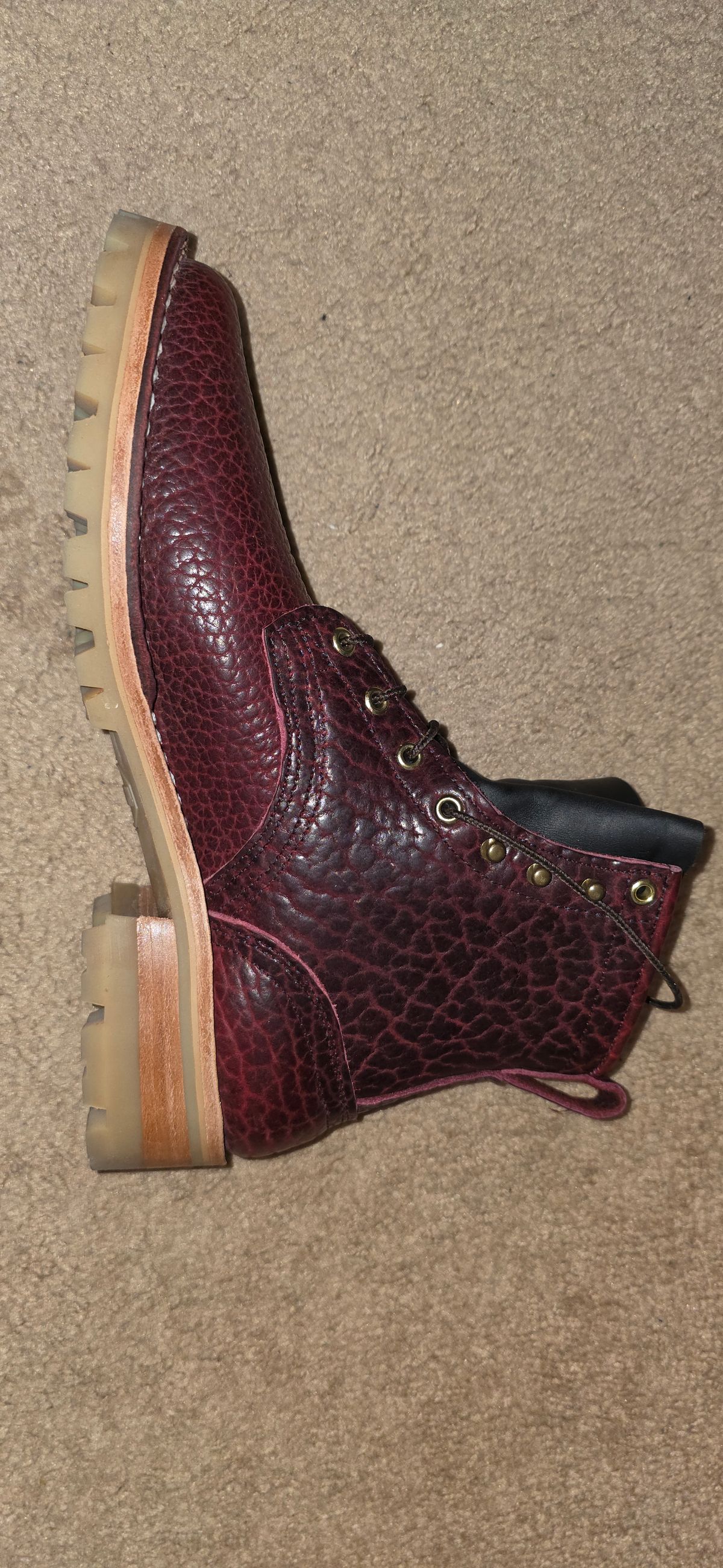 Photo by mknewman on November 17, 2025 of the Nicks 1925 Last Dress Boot in Law Tanning Oxblood Smooth Shruken Bison.