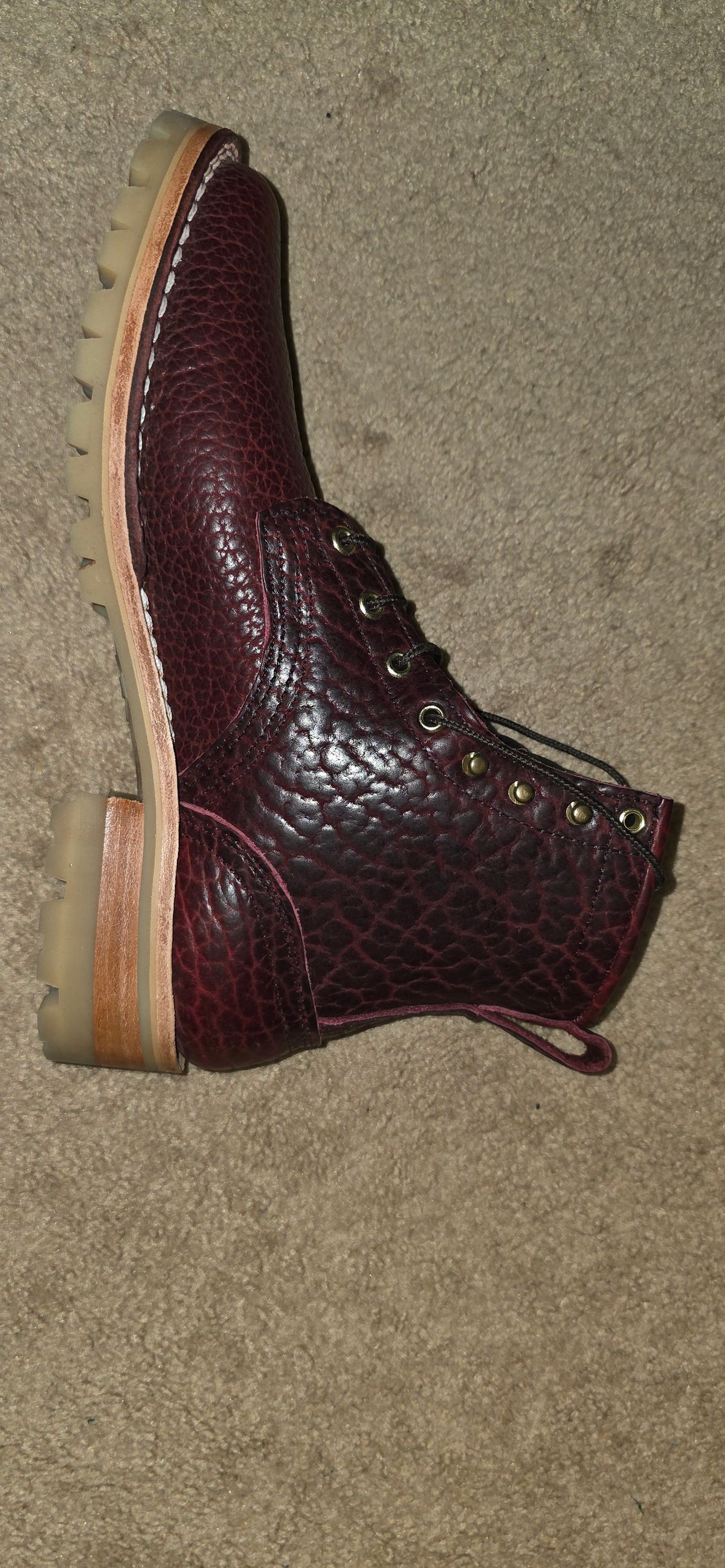 Photo by mknewman on November 22, 2025 of the Nicks 1925 Last Dress Boot in Law Tanning Oxblood Smooth Shruken Bison.