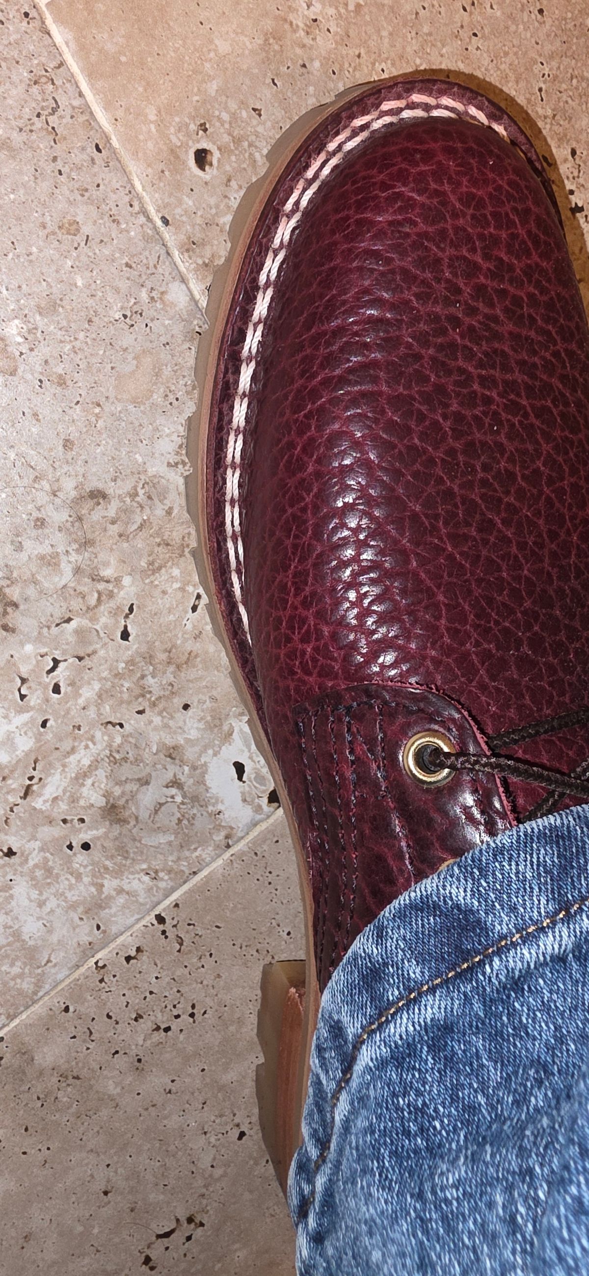 Photo by mknewman on November 28, 2025 of the Nicks 1925 Last Dress Boot in Law Tanning Oxblood Smooth Shruken Bison.