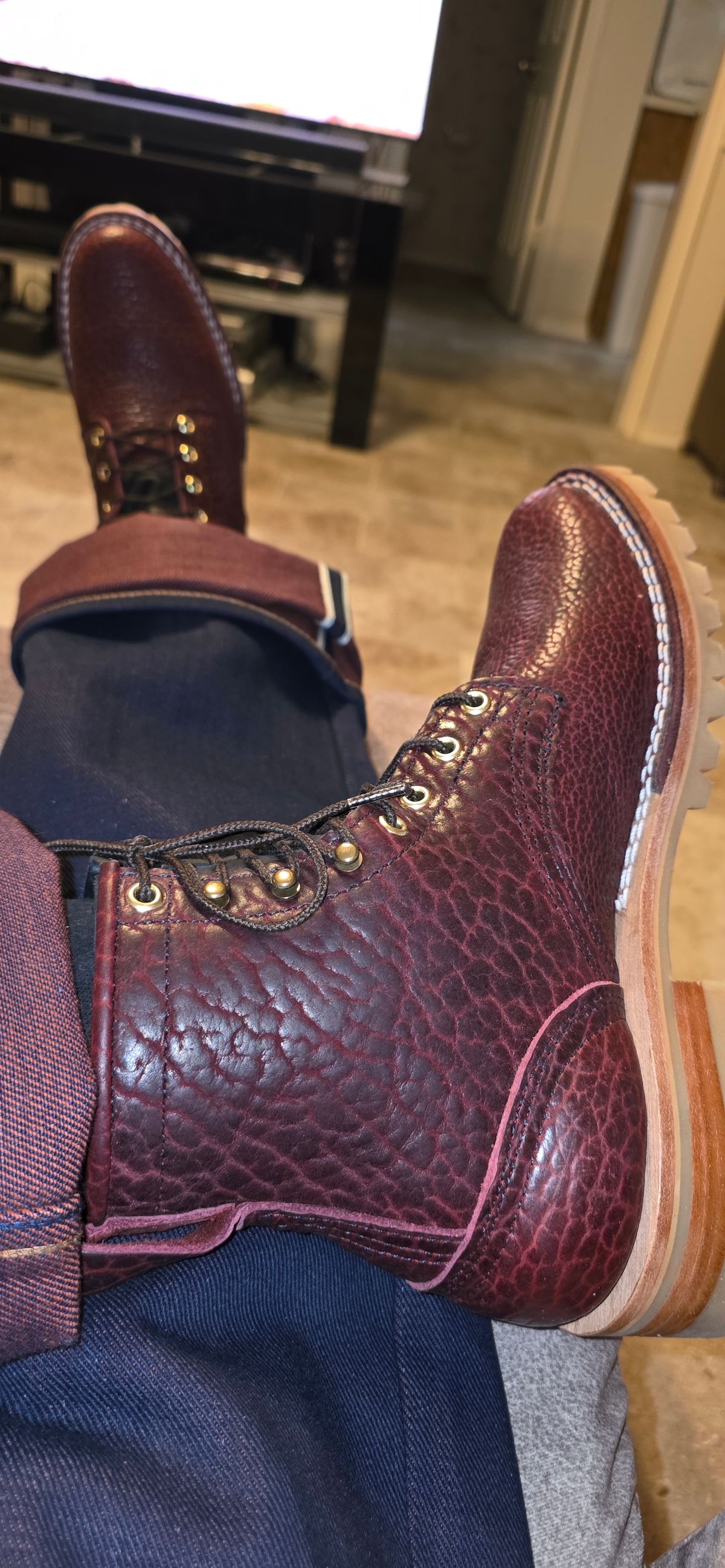 Photo by mknewman on December 3, 2025 of the Nicks 1925 Last Dress Boot in Law Tanning Oxblood Smooth Shruken Bison.