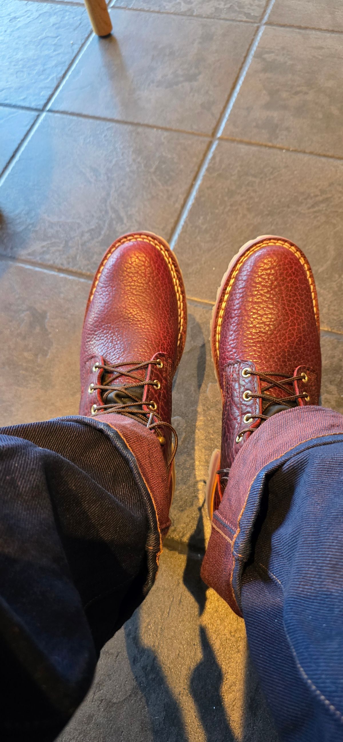 Photo by mknewman on December 11, 2025 of the Nicks 1925 Last Dress Boot in Law Tanning Oxblood Smooth Shruken Bison.