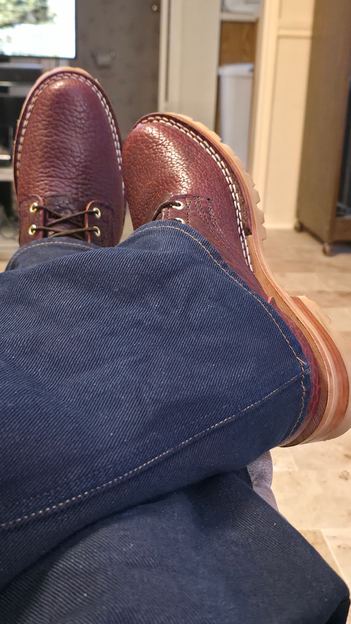 Photo by mknewman on December 21, 2025 of the Nicks 1925 Last Dress Boot in Law Tanning Oxblood Smooth Shruken Bison.