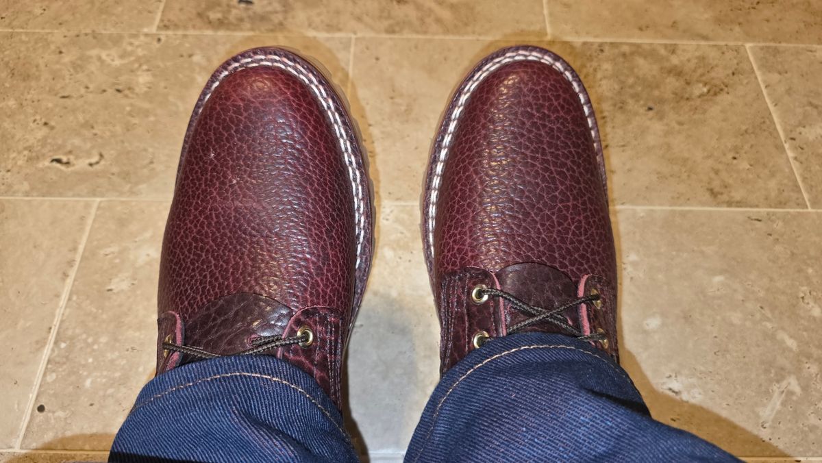 Photo by mknewman on December 25, 2025 of the Nicks 1925 Last Dress Boot in Law Tanning Oxblood Smooth Shruken Bison.