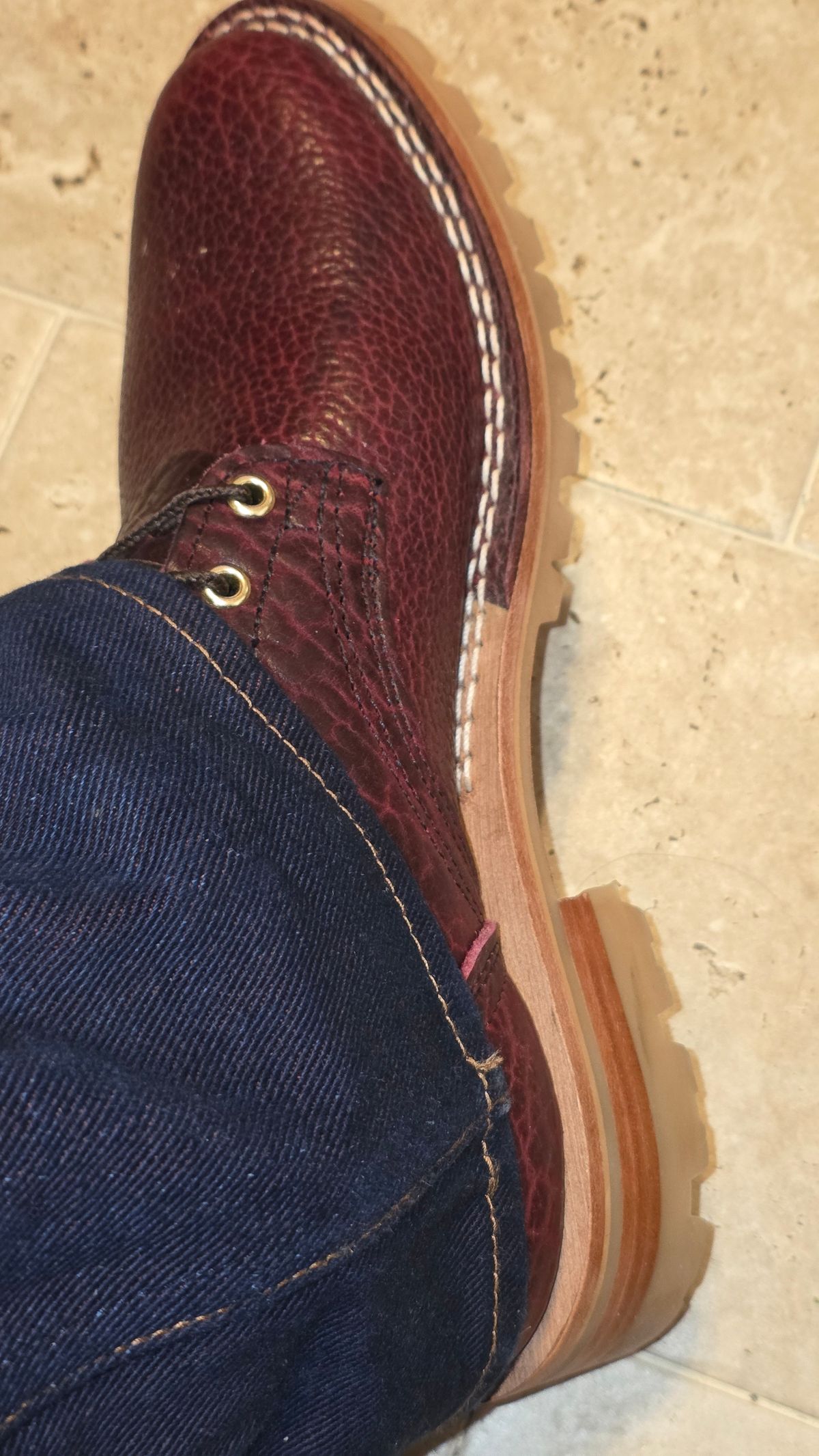 Photo by mknewman on December 31, 2025 of the Nicks 1925 Last Dress Boot in Law Tanning Oxblood Smooth Shruken Bison.