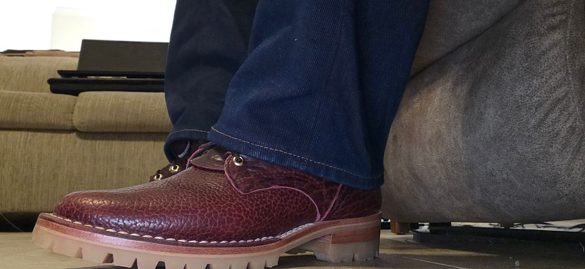 Photo by mknewman on December 31, 2025 of the Nicks 1925 Last Dress Boot in Law Tanning Oxblood Smooth Shruken Bison.