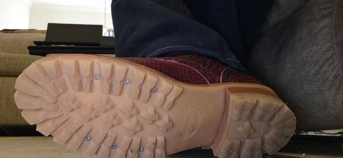 Photo by mknewman on December 31, 2025 of the Nicks 1925 Last Dress Boot in Law Tanning Oxblood Smooth Shruken Bison.