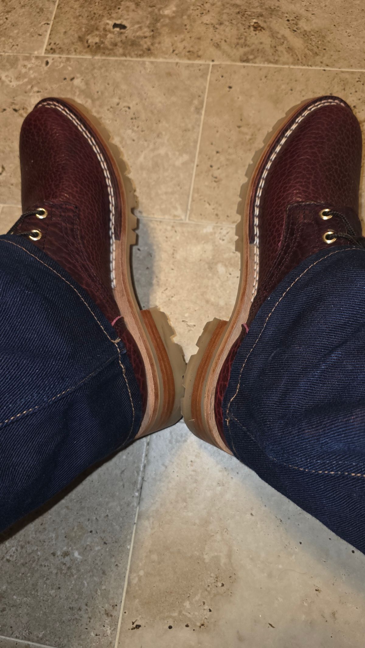 Photo by mknewman on December 31, 2025 of the Nicks 1925 Last Dress Boot in Law Tanning Oxblood Smooth Shruken Bison.