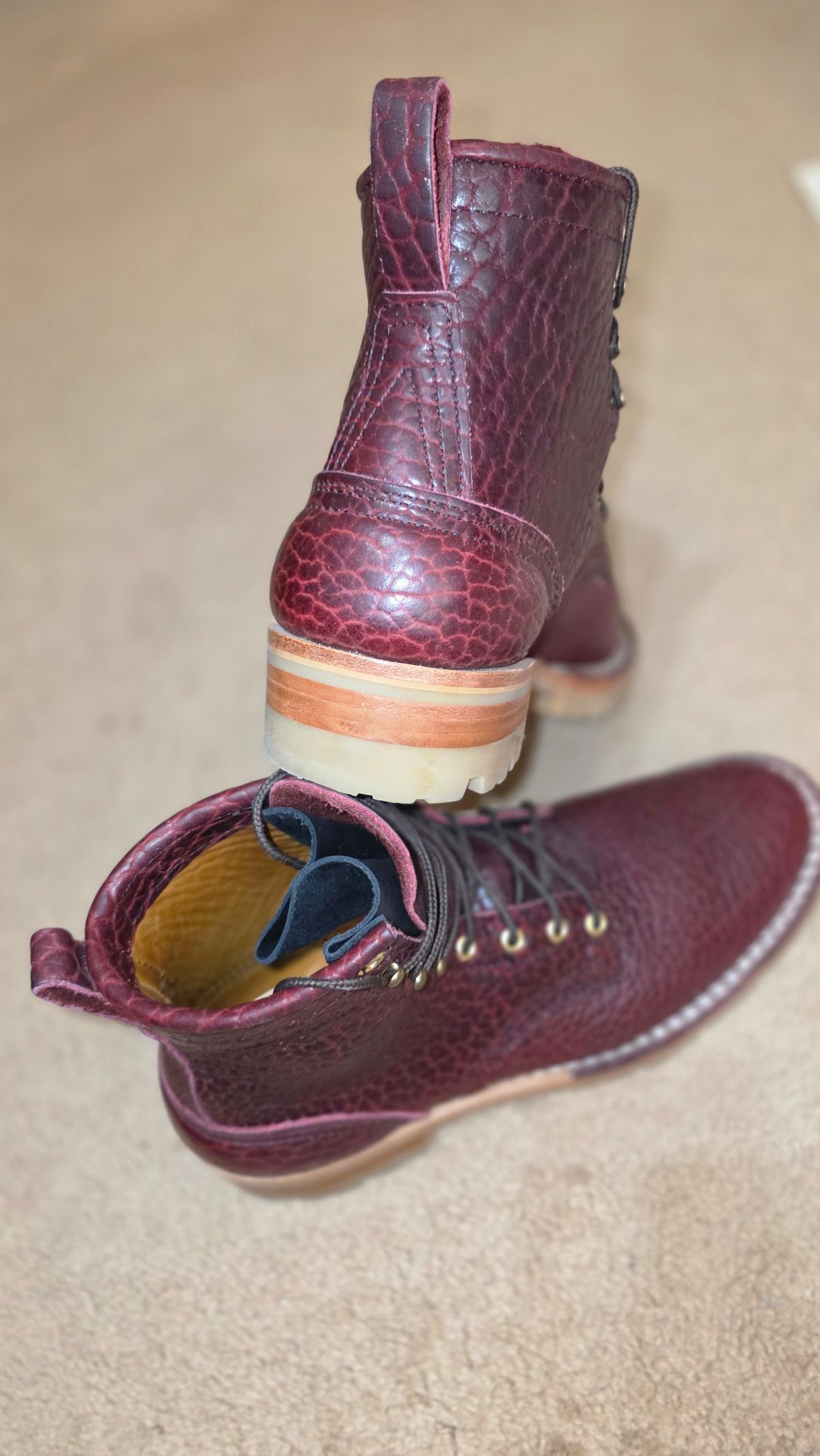 Photo by mknewman on January 1, 2026 of the Nicks 1925 Last Dress Boot in Law Tanning Oxblood Smooth Shruken Bison.