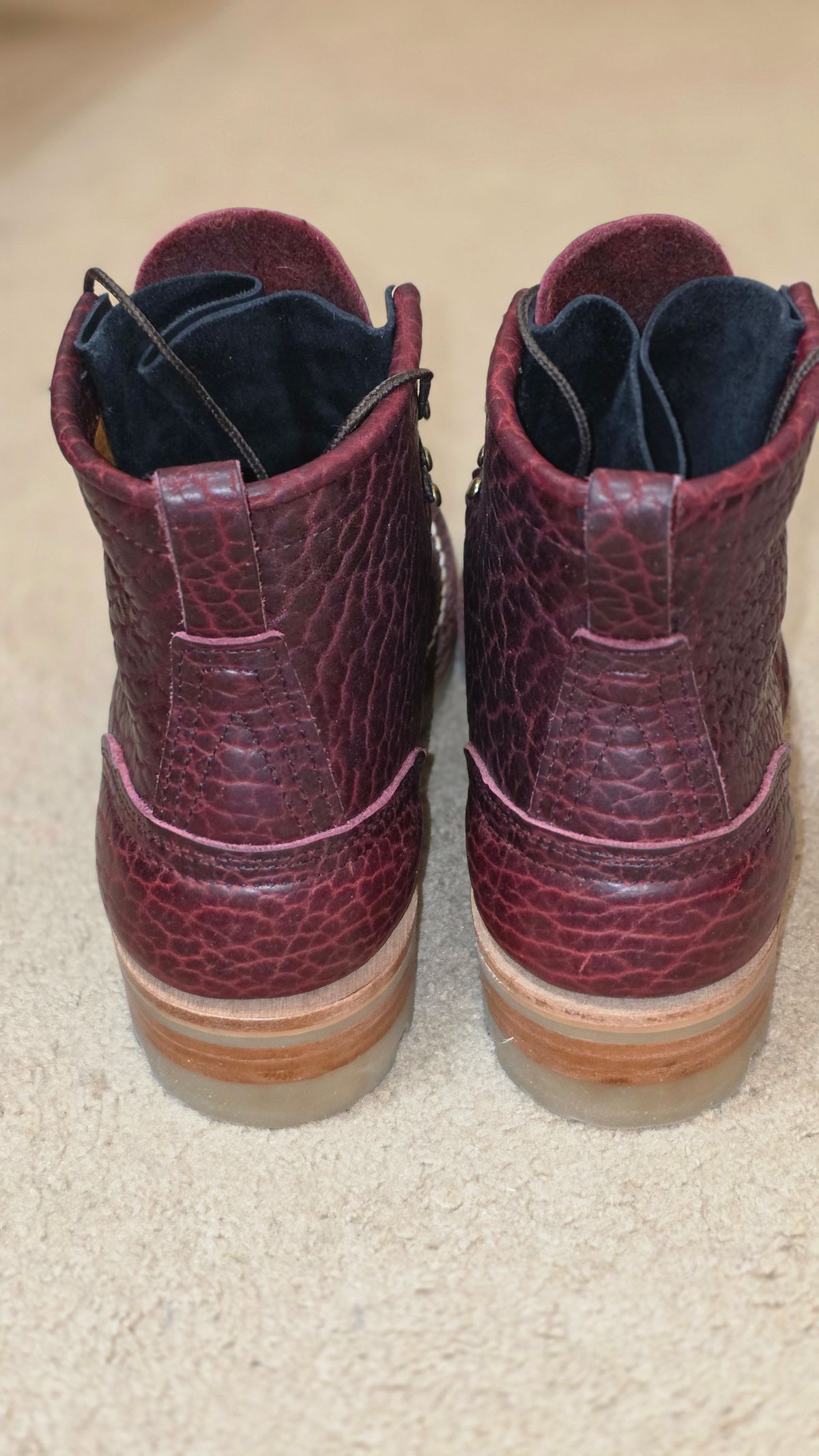 Photo by mknewman on January 1, 2026 of the Nicks 1925 Last Dress Boot in Law Tanning Oxblood Smooth Shruken Bison.