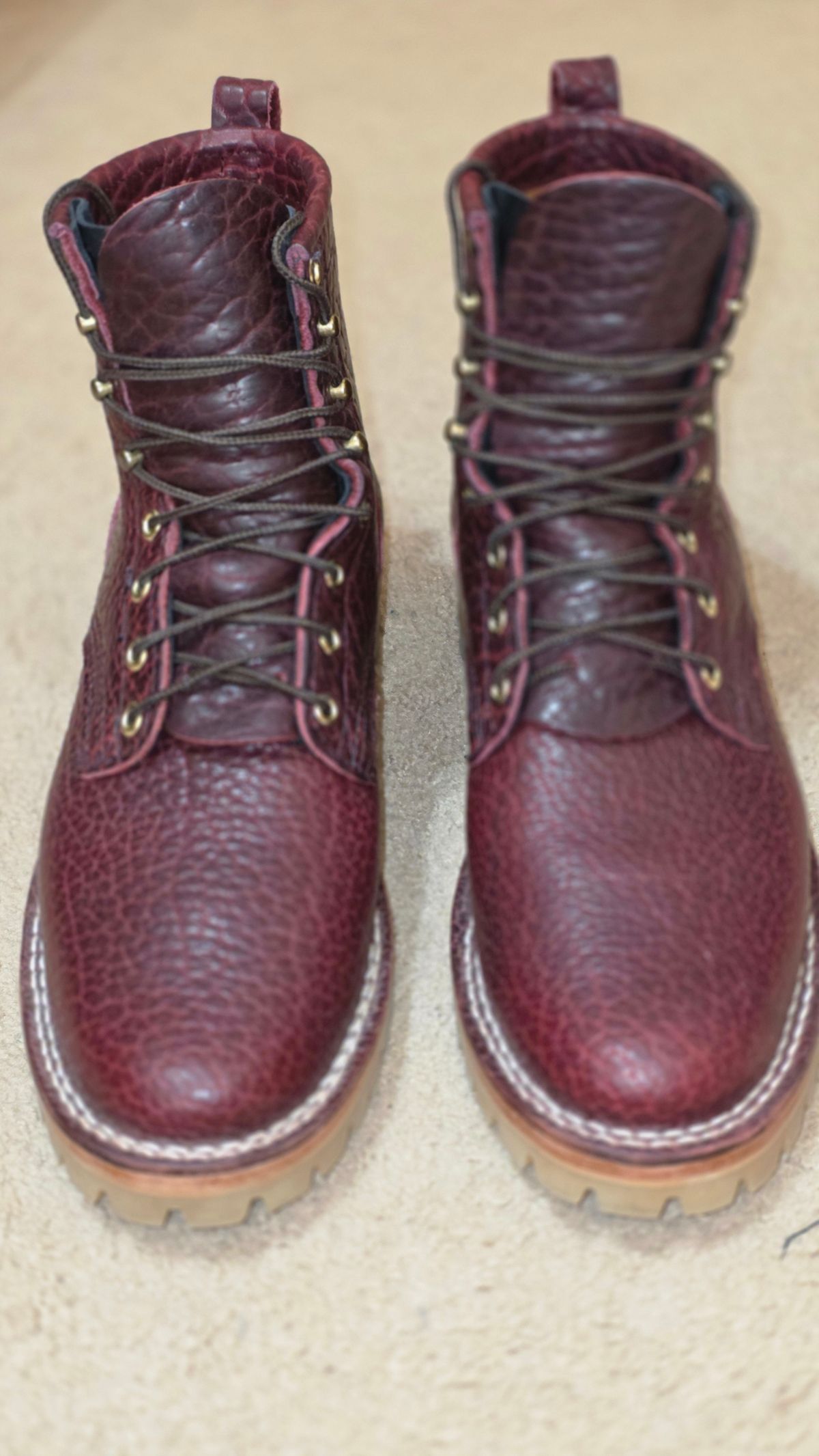 Photo by mknewman on January 1, 2026 of the Nicks 1925 Last Dress Boot in Law Tanning Oxblood Smooth Shruken Bison.