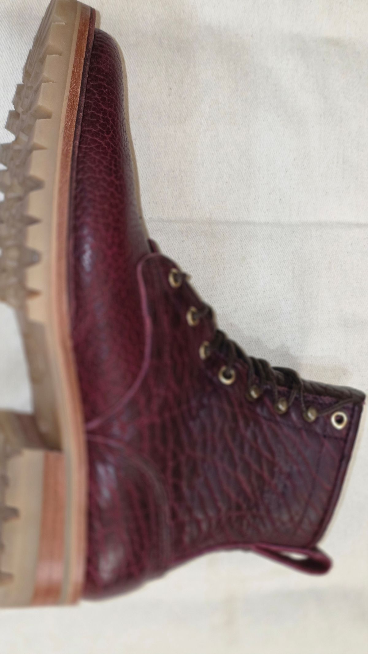 Photo by mknewman on January 1, 2026 of the Nicks 1925 Last Dress Boot in Law Tanning Oxblood Smooth Shruken Bison.