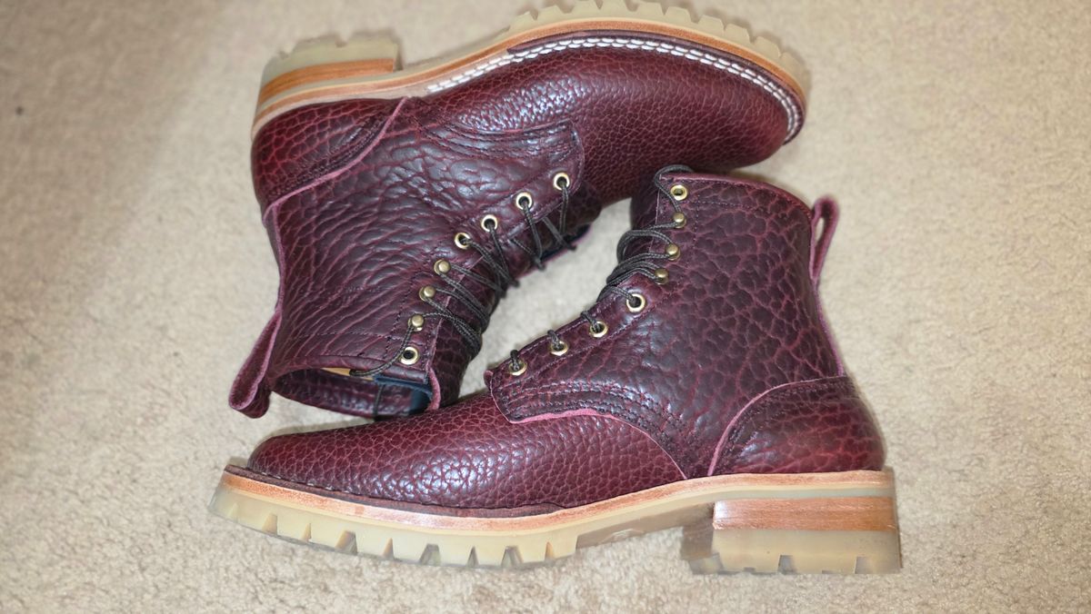 Photo by mknewman on January 1, 2026 of the Nicks 1925 Last Dress Boot in Law Tanning Oxblood Smooth Shruken Bison.