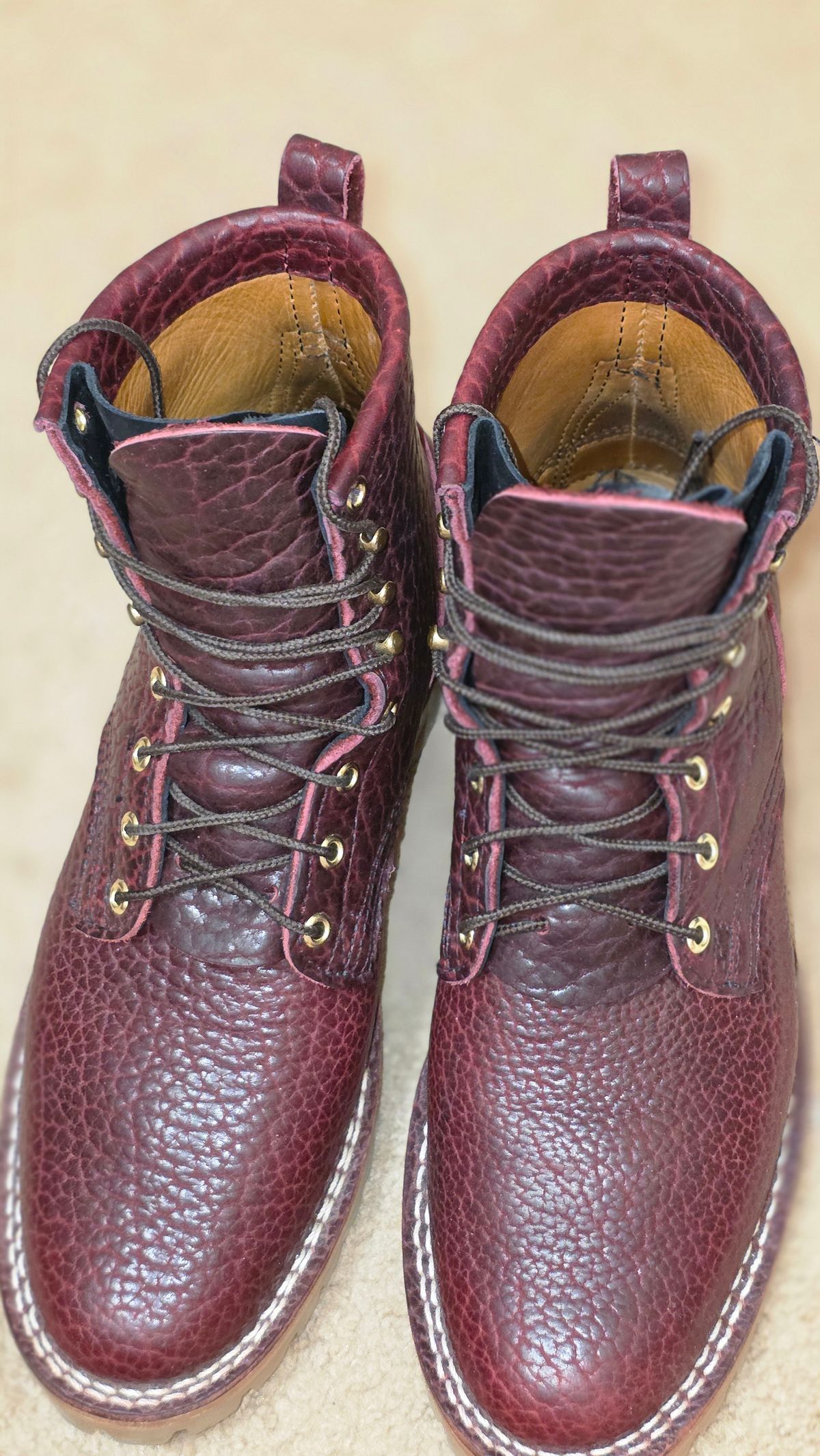 Photo by mknewman on January 1, 2026 of the Nicks 1925 Last Dress Boot in Law Tanning Oxblood Smooth Shruken Bison.