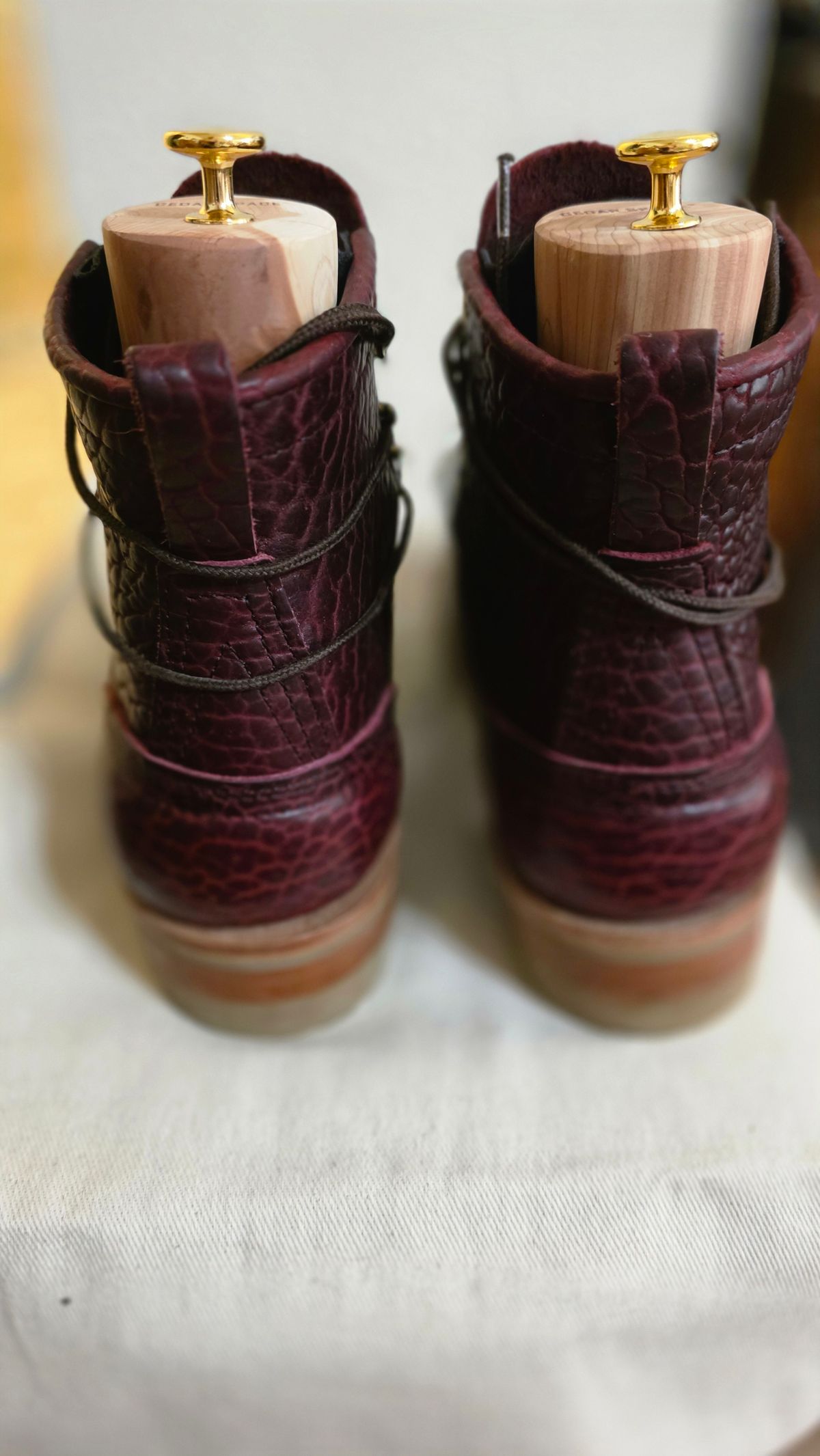 Photo by mknewman on February 1, 2026 of the Nicks 1925 Last Dress Boot in Law Tanning Oxblood Smooth Shruken Bison.