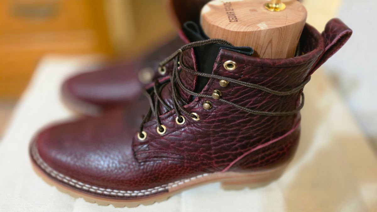 Photo by mknewman on February 1, 2026 of the Nicks 1925 Last Dress Boot in Law Tanning Oxblood Smooth Shruken Bison.