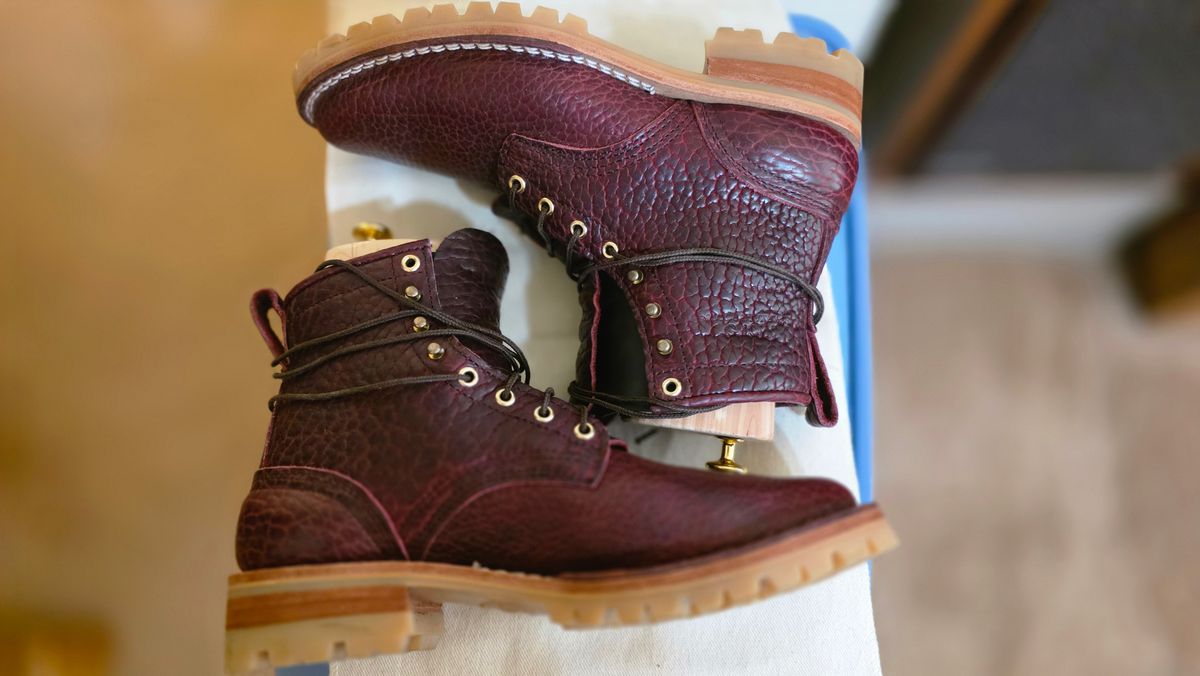 Photo by mknewman on February 1, 2026 of the Nicks 1925 Last Dress Boot in Law Tanning Oxblood Smooth Shruken Bison.