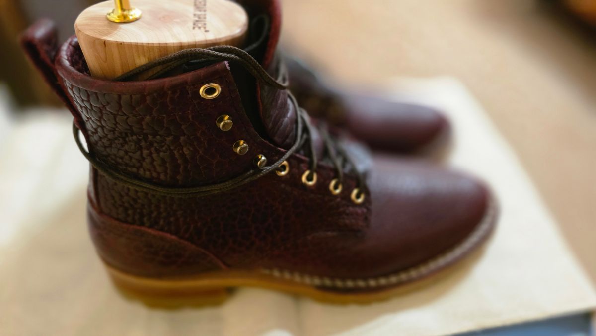 Photo by mknewman on February 1, 2026 of the Nicks 1925 Last Dress Boot in Law Tanning Oxblood Smooth Shruken Bison.