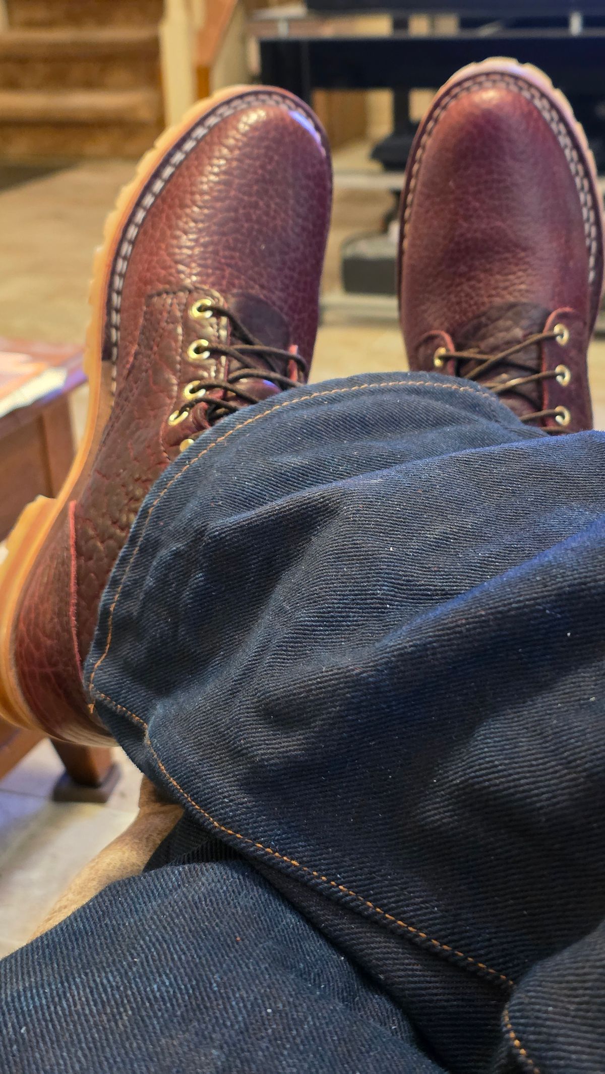 Photo by mknewman on February 1, 2026 of the Nicks 1925 Last Dress Boot in Law Tanning Oxblood Smooth Shruken Bison.