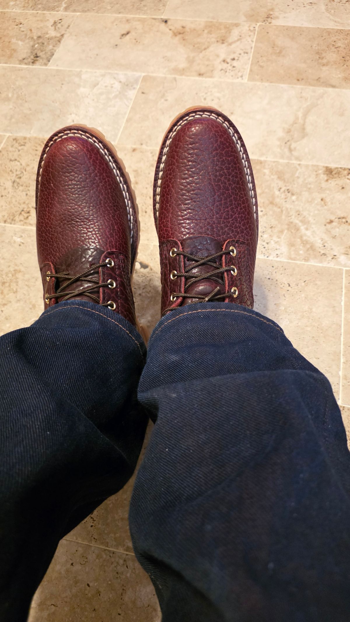 Photo by mknewman on February 1, 2026 of the Nicks 1925 Last Dress Boot in Law Tanning Oxblood Smooth Shruken Bison.