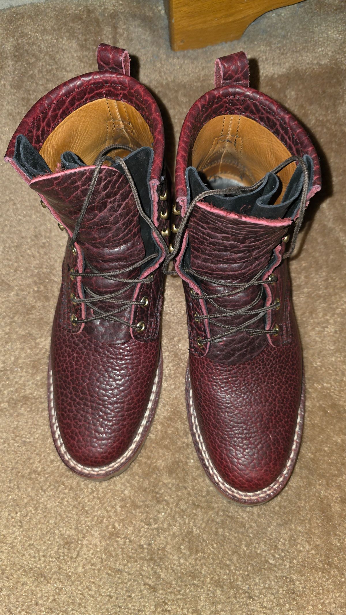Photo by mknewman on February 2, 2026 of the Nicks 1925 Last Dress Boot in Law Tanning Oxblood Smooth Shruken Bison.