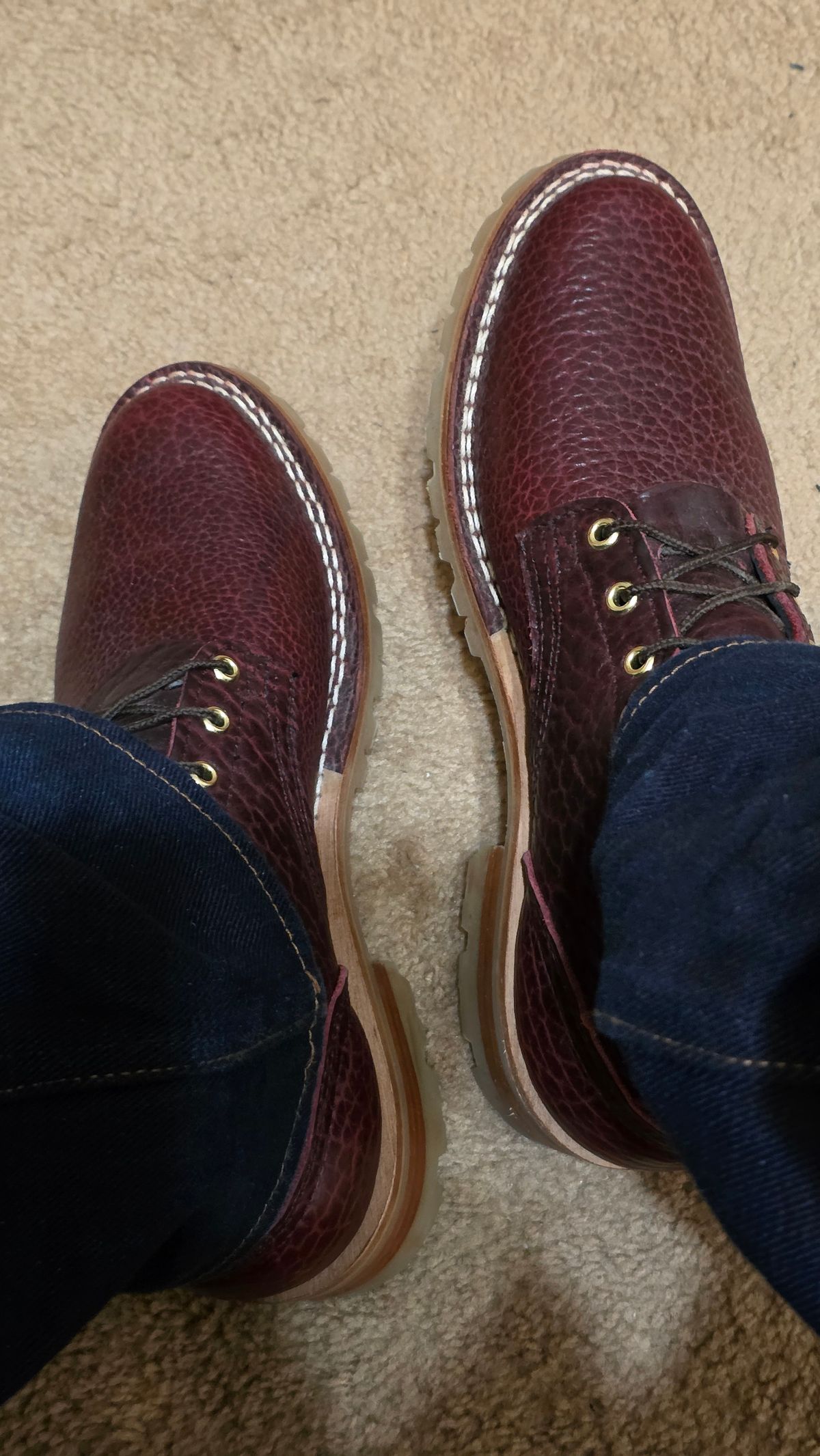 Photo by mknewman on February 10, 2026 of the Nicks 1925 Last Dress Boot in Law Tanning Oxblood Smooth Shruken Bison.