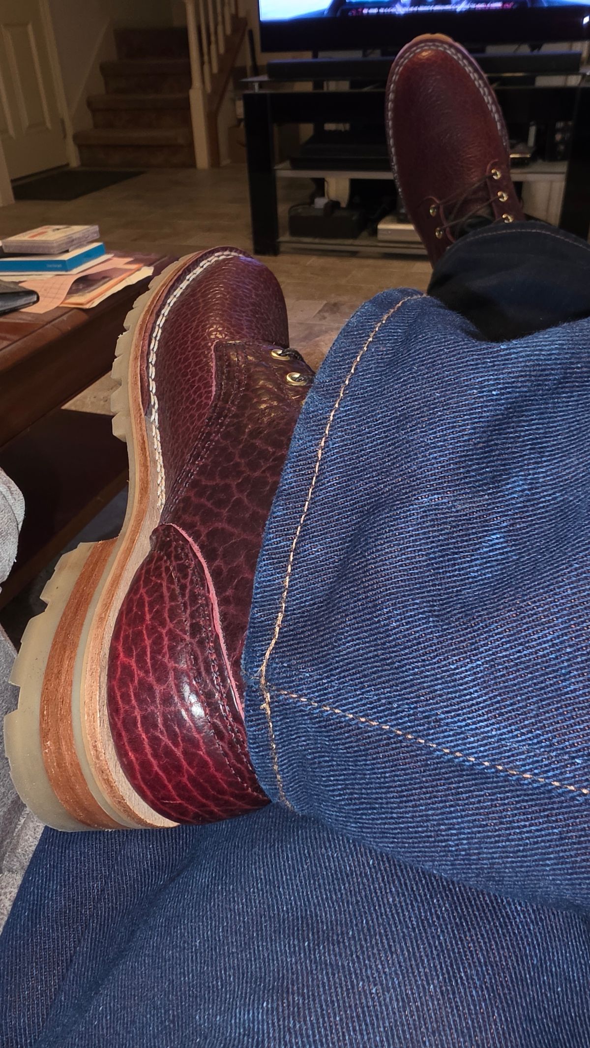 Photo by mknewman on March 13, 2026 of the Nicks 1925 Last Dress Boot in Law Tanning Oxblood Smooth Shruken Bison.