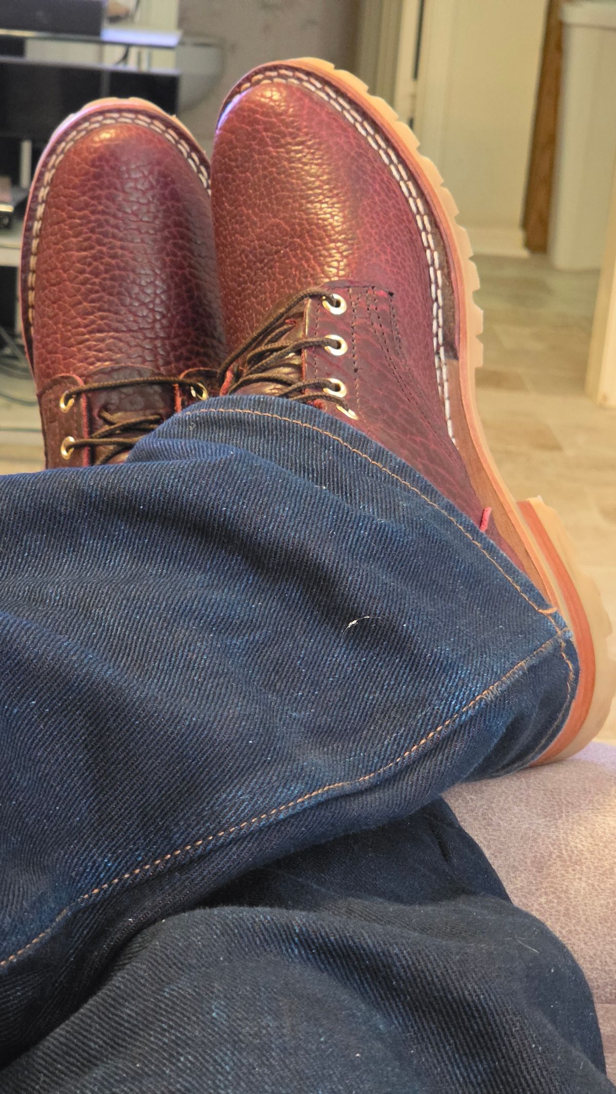 Photo by mknewman on March 18, 2026 of the Nicks 1925 Last Dress Boot in Law Tanning Oxblood Smooth Shruken Bison.