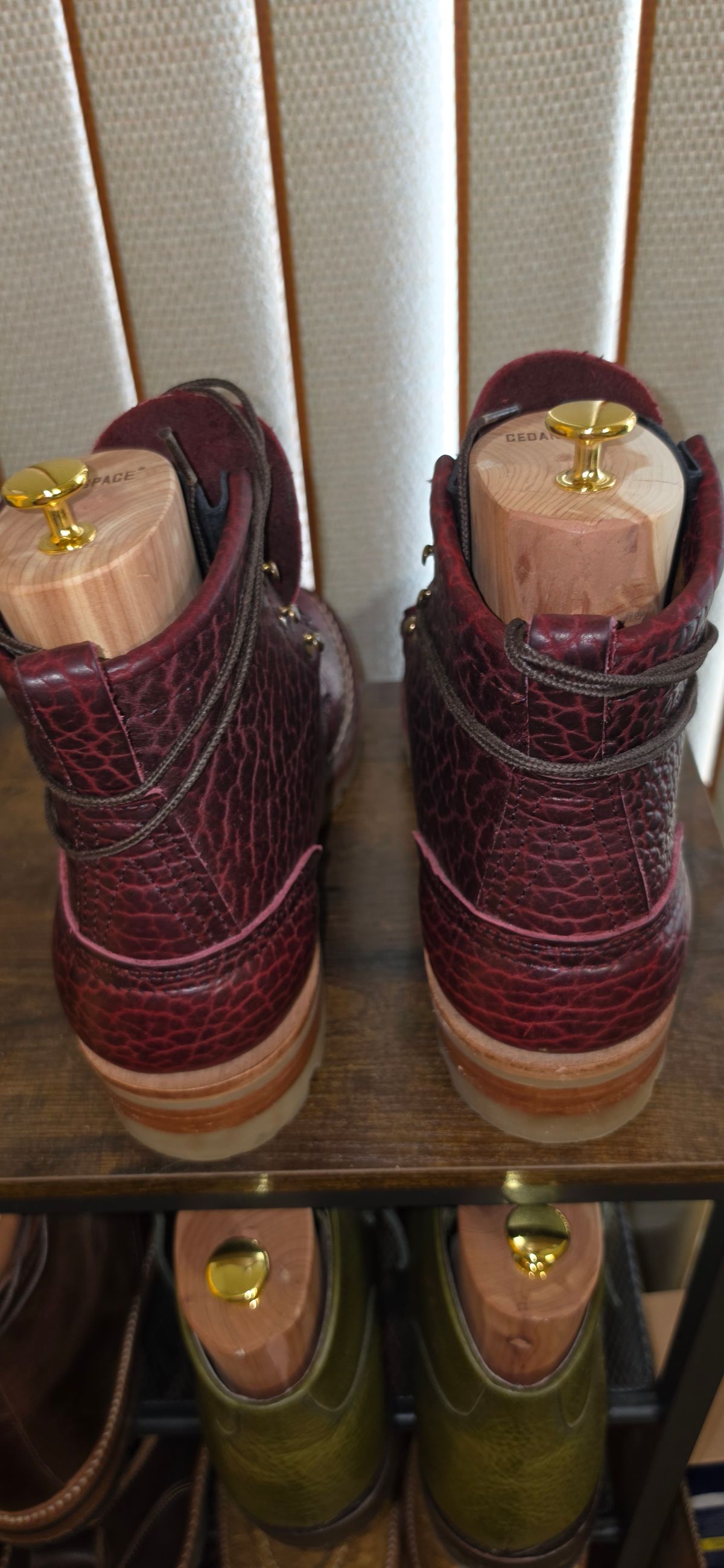 Photo by mknewman on April 1, 2026 of the Nicks 1925 Last Dress Boot in Law Tanning Oxblood Smooth Shruken Bison.