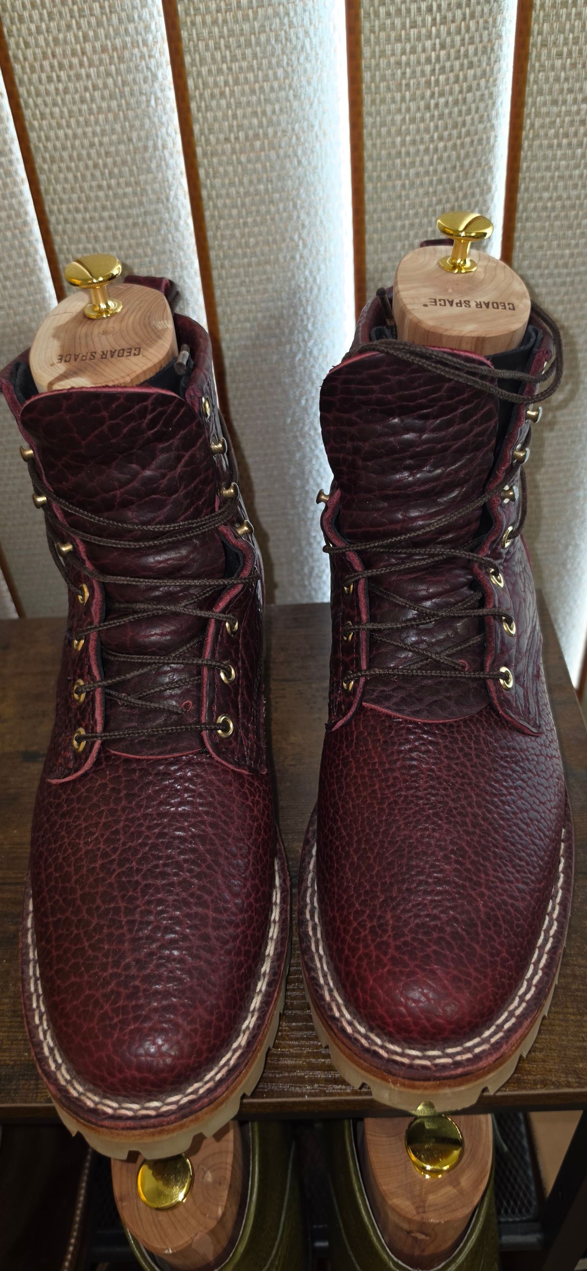 Photo by mknewman on April 1, 2026 of the Nicks 1925 Last Dress Boot in Law Tanning Oxblood Smooth Shruken Bison.