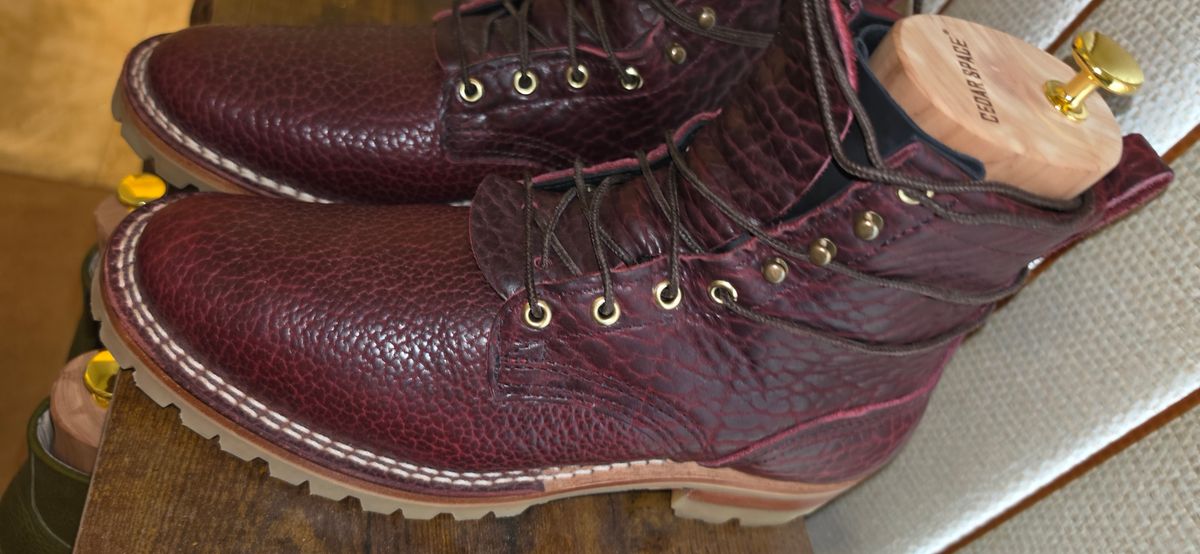 Photo by mknewman on April 1, 2026 of the Nicks 1925 Last Dress Boot in Law Tanning Oxblood Smooth Shruken Bison.