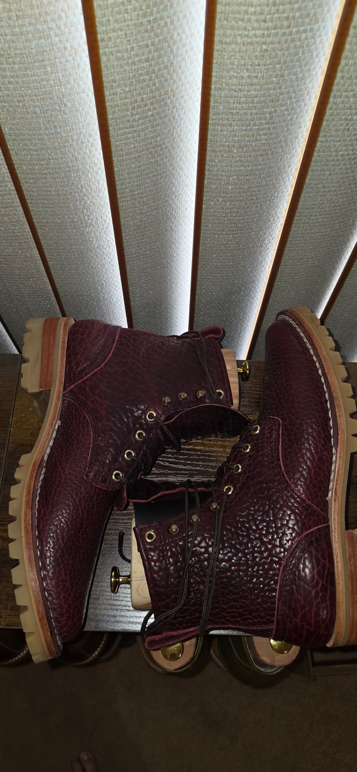 Photo by mknewman on April 1, 2026 of the Nicks 1925 Last Dress Boot in Law Tanning Oxblood Smooth Shruken Bison.