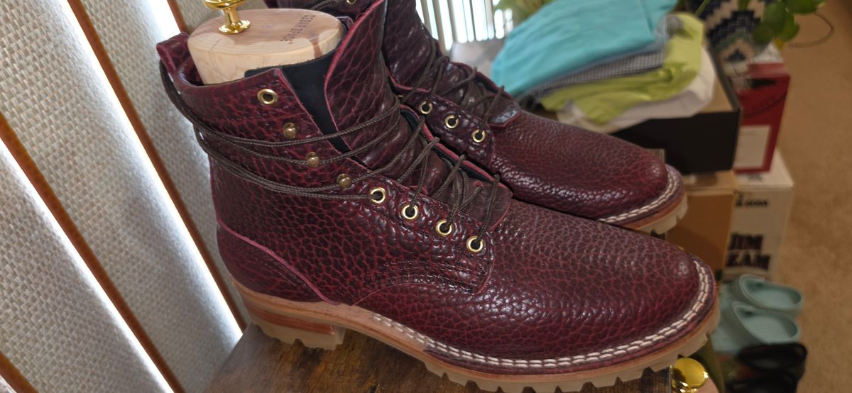 Photo by mknewman on April 1, 2026 of the Nicks 1925 Last Dress Boot in Law Tanning Oxblood Smooth Shruken Bison.