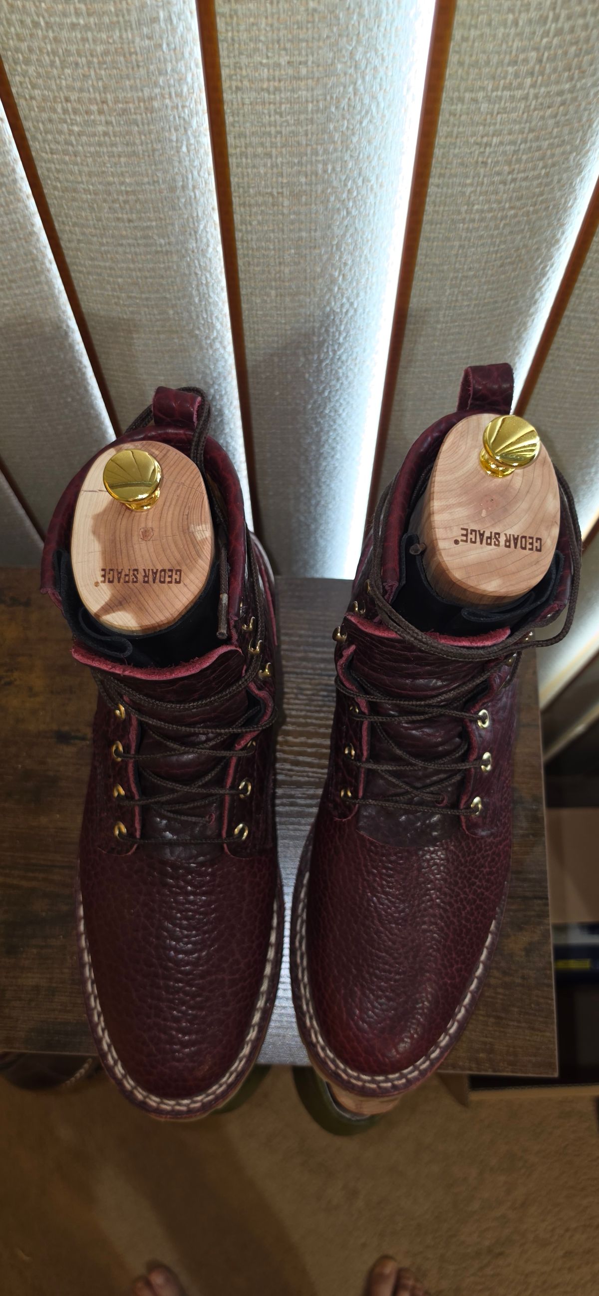 Photo by mknewman on April 1, 2026 of the Nicks 1925 Last Dress Boot in Law Tanning Oxblood Smooth Shruken Bison.