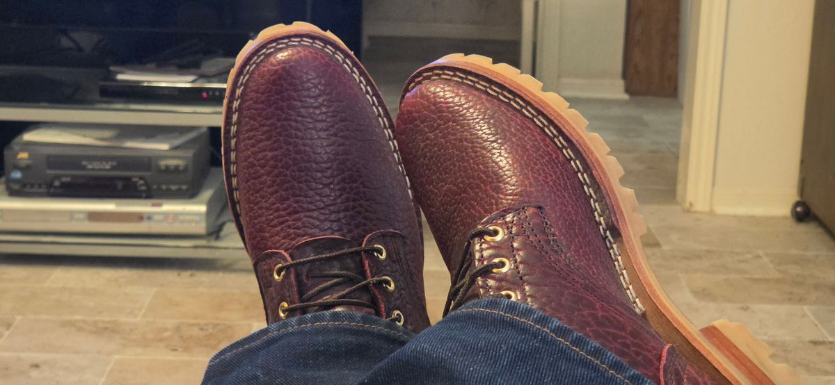 Photo by mknewman on May 3, 2026 of the Nicks 1925 Last Dress Boot in Law Tanning Oxblood Smooth Shruken Bison.