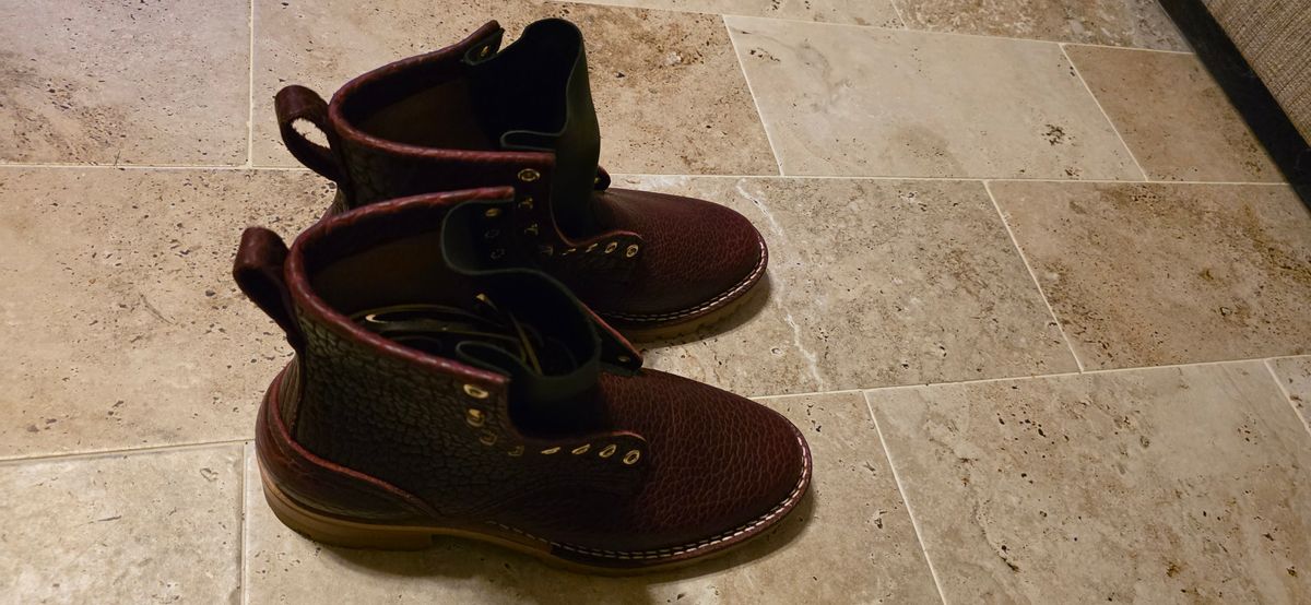Photo by mknewman on October 22, 2025 of the Nicks LL64 in Law Tanning Oxblood Smooth Shruken Bison.