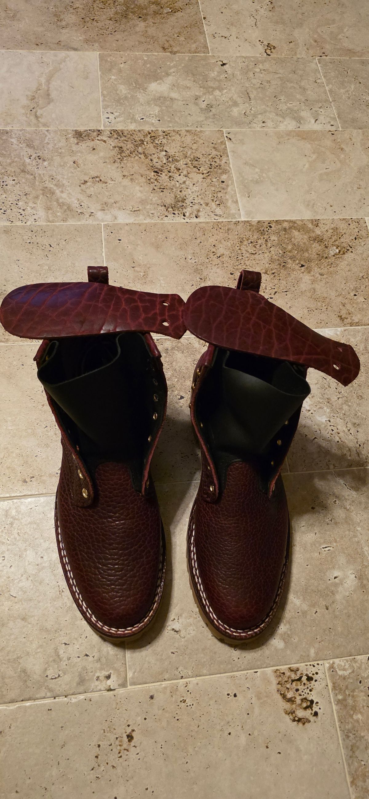 Photo by mknewman on October 22, 2025 of the Nicks LL64 in Law Tanning Oxblood Smooth Shruken Bison.