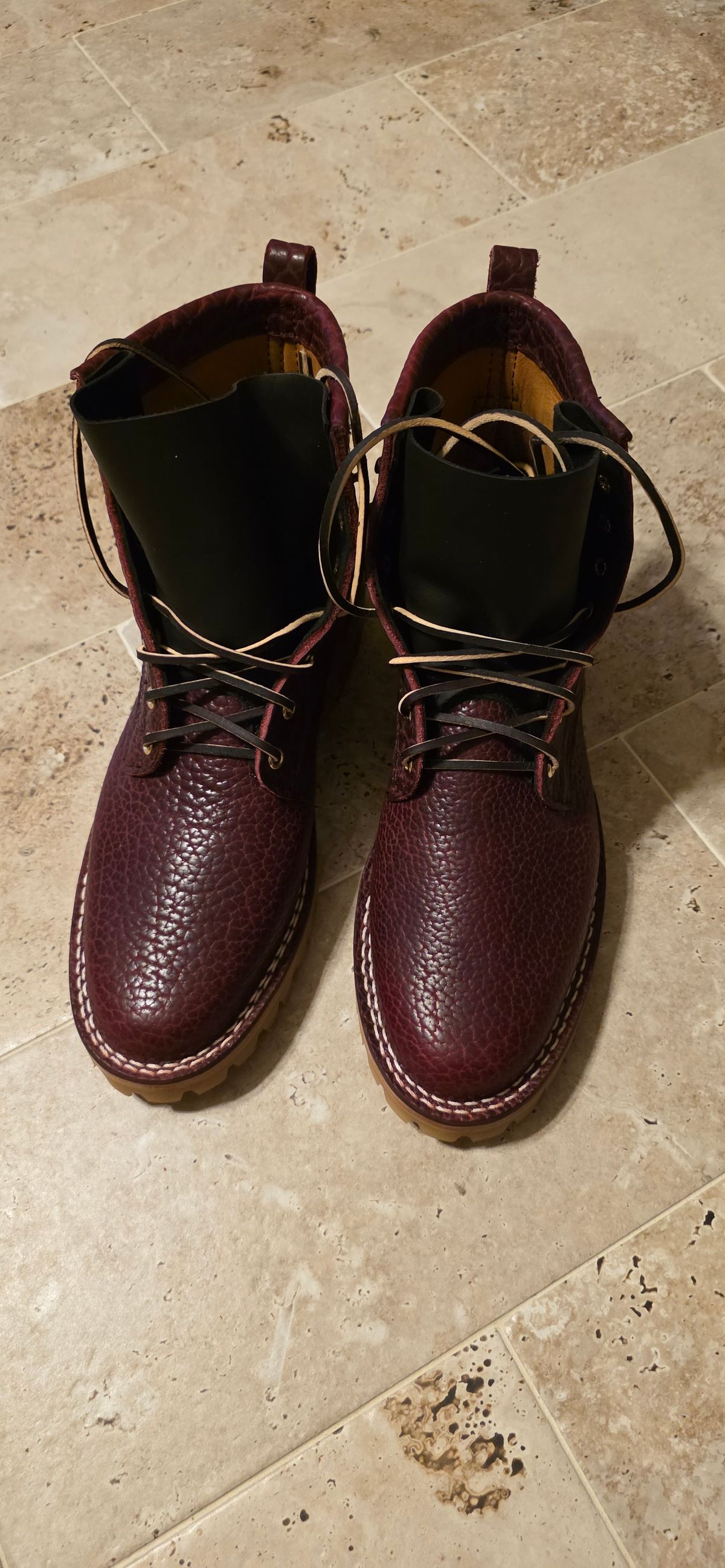 Photo by mknewman on October 22, 2025 of the Nicks LL64 in Law Tanning Oxblood Smooth Shruken Bison.