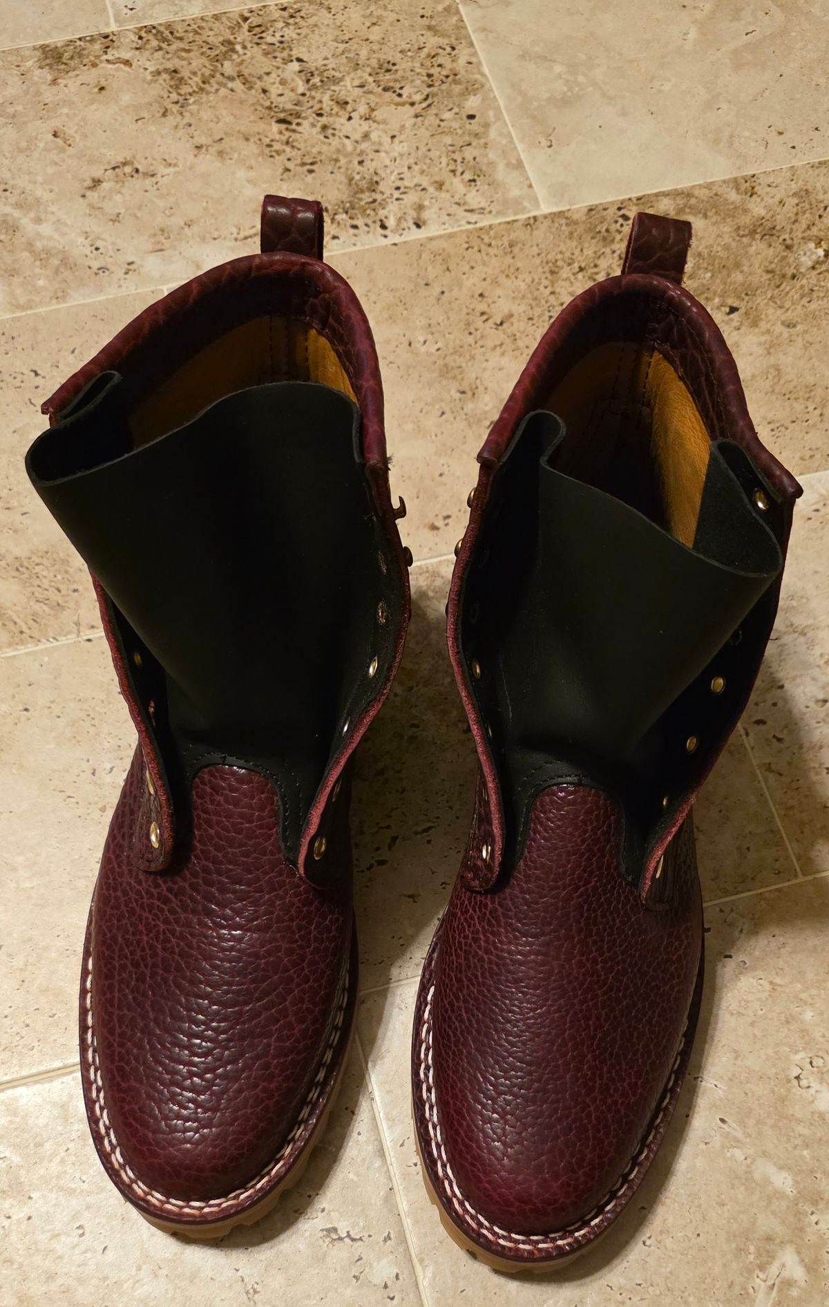 Photo by mknewman on October 22, 2025 of the Nicks LL64 in Law Tanning Oxblood Smooth Shruken Bison.