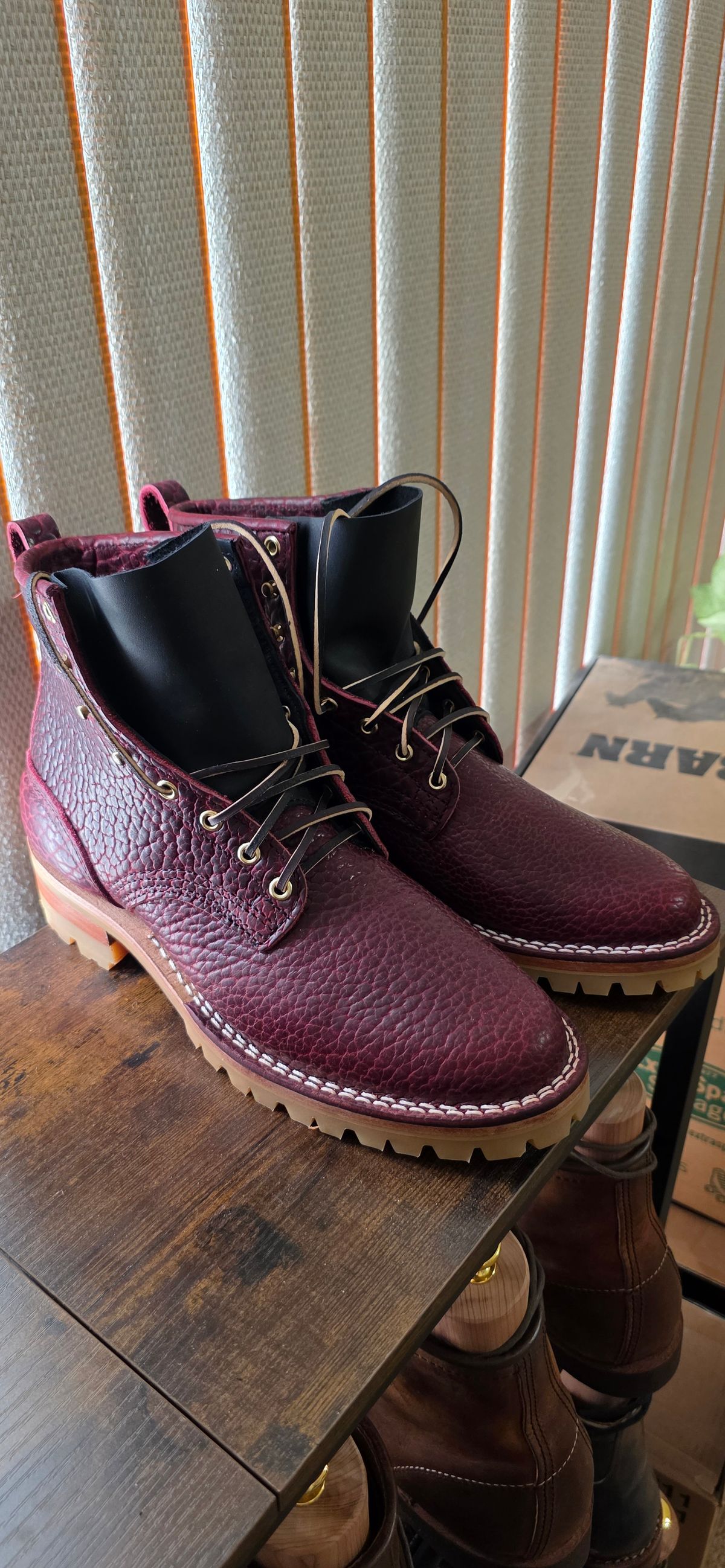 Photo by mknewman on October 24, 2025 of the Nicks LL64 in Law Tanning Oxblood Smooth Shruken Bison.