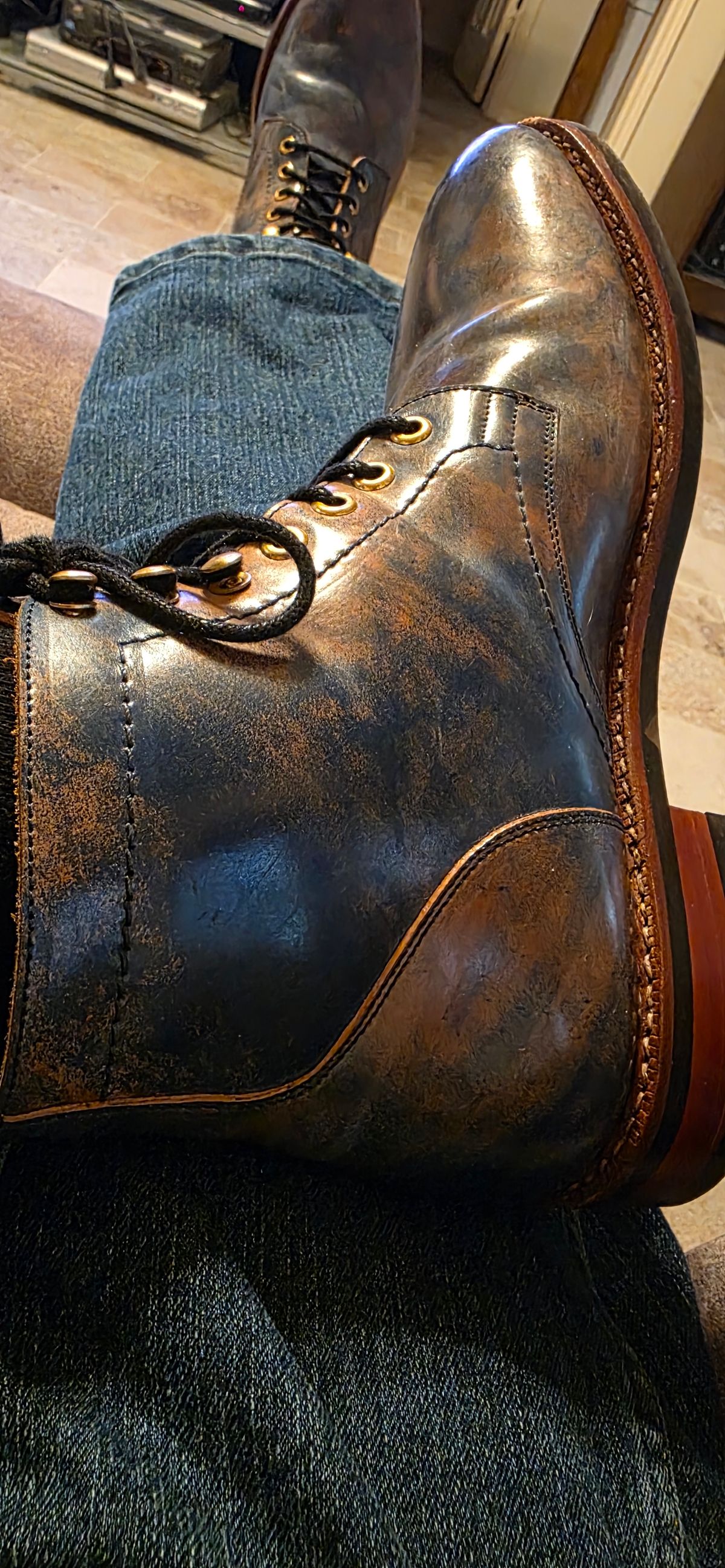 Photo by mknewman on July 1, 2025 of the Blkbrd Shoemaker Custom Model in Rocado - "Marbled" Shell Cordovan - Veg Tanned (Ocean).